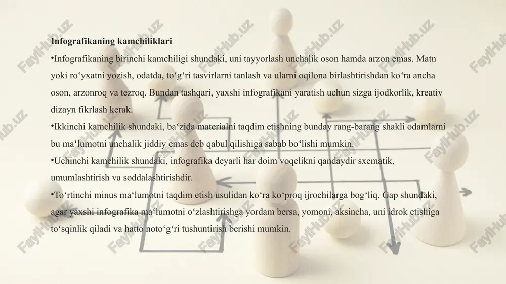 lanadi. bunda nafaqat ma’lumot olish vositasi, balki ma’lumot iste’molchilari (jurnal o‘quvchilari) uchun maroq hamdir. mazkur yondoshuv jurnalistika, bloglar, marketing va reklama materiallari sohalarida ko‘proq qo‘llaniladi. xulosa o‘rnida shuni aytish mumkin, infografikaning asoschilari ta’kidlagan zarur ma’lumotni – ma’lumot iste’molchisi (ta’lim oluvchi)larga yetkazish va uni ajratib olishni nazarda tutgan bo‘lsa, qissali (ya’ni har bir rasm yoki grafik elementning ma’nosi va ettiradi. infografika statistika ma’lumotlarni talqin va tahli qilishda ham ishlatilishi ham mumkin. ta'limda infografik elementlardan foydalanish uchun 7 ta sabab: infografika kasbga o‘rgatishda – ta'lim oluvchida tasavvurni rivojlantirishga va shakllantirishga yordam beradi; ta'lim jarayonining ko‘rgazmalilik darajasini orttiradi; ta'lim jarayonini vizuallashtirish orqali o‘zlashtirish darajasini orttirishga yordam beradi; kasbning ijtimoiy portretini aks ettirish orqali ta'lim oluvchida kasbni o‘rganishga motivatsiya uyg‘otadi; kasbning ijtimoiy-iqtisodiy portretini qurish orqali ta'lim oluvchida ertangi kunga ishonch orttirishga va kasbni yuqori cho‘qqilarini egallash uchun uzoq muddatli rejalar qurishga undaydi; kichik mutaxassislar tayyorlashda kasb mavqyei haqidagi axborotni ta'lim oluvchiga to‘liq yetkazishga; turli …