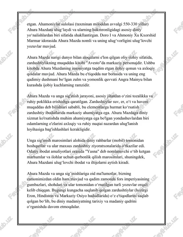 ozlagan qahramonlarni tasvirlaydi. 5. **xorda avesta**: kunlik ibodatlar uchun mo'ljallangan kichikroq matnlar to'plamini o'z ichiga oladi. ushbu qism zardushtiylikda jamoaviy yoki shaxsiy ibodatlar uchun ishlatiladi va unda qisqa ibodatlar o'rin oladi. o'qish va marosimlarda foydalanish uchun avestaning tilini to'la anglash qiyin bo'lishi mumkin, chunki bu til qadimgi fors yozuviga asoslangan bo'lib, bu yozuv shakli avesto tili deyiladi. zardushtiylik matnlari ba'zan og'zaki an'analar orqali saqlanib kelgan bo'lsa-da, keyinchalik ular yozma shaklda tartibga solingan. bu matnlarning ko'plari ahamoniylar davrida erondagi zardushtiylar jamoalari tomonidan tuzilgan, lekin dastlab har bir nusxa turlicha bo'lishi mumkin edi. aleksandr makedonskiyning eronni bosib olishi davrida avestaning ko'plab qismlari yo'q qilinganligi haqida rivoyatlar mavjud. islomning eronga kirib kelishi va fors zardushtiy jamoalarining tarqalishi natijasida avestaning ko'plari qadimiy bo'lib ketgan, ammo zardushtiylar jamiyati hindistonning g'arbiy qismida saqlanib qolgan va bu erda matnlar avloddan-avlodga o'tkazib kelingan. bugungi kunda avestaning ko'p qismi yangi fors tiliga tarjima qilingan va zardushtiylik izdoshlari tomonidan foydalaniladi. …