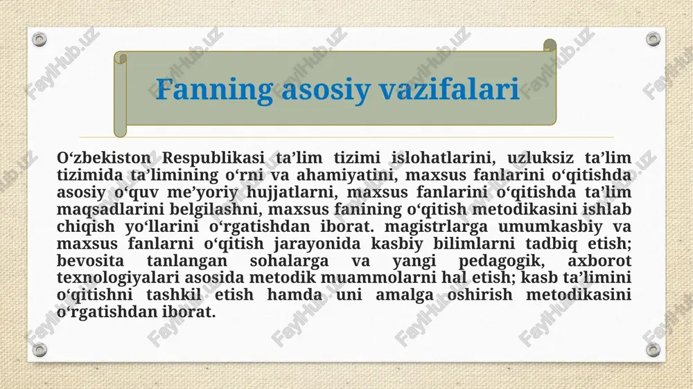 jribalarni bajara olishga; e) kimyoviy masalalarni yecha olishga; z) darsliklardan, spravochniklardan va boshqa kimyoviy adabiyotlardan foydalana olishga o‘rgatib borishi kerakdir. kimyo o‘qituvchisi quyidagilarga e’tibor berishi zarur: kelajagi buyuk mustaqil o‘zbekistonimiz uchun talabalarni hozirgi zamon kimyo fani asoslarini ongli ravishda va puxta o‘zlashtirishga erishishi; talabalarni kimyoning atrofidagi tabiatni izohlab berish va undan foydalanish uchun zarur bo‘lgan ilmiy asoslari bilan tanishtirish; talabalarni tabiatga to‘g‘ri, materialistik nuqtai nazardan qarash xususiyatlarini hosil qilishga alohida e’tibor berish; talabalarni ilmiy bilishning vositalaridan biri bo‘lgan kimyoviy eksperimentdan foydalana oladigan qilib tarbiyalash; talabalarni mehnatga o‘rgatish ularni kelgusi amaliy faoliyatga tayyorlash zarurdir; talabalarni kimyo faniga nisbatan qiziqishlarini yanada orttirish; talabalarni mustaqil ravishda izlanuvchanlikka va bilim olishga o‘rgatish; talabalarga kundalik turmushda, hayotda bo‘ladigan o‘quv va malakalarini hosil qilish; talabalarning qo‘lidan keladigan ijtimoiy foydali ishga jalb qilish; kimyo fanining hayotimizdagi ahamiyatini tushuntirish; jismoniy baquvvat yetuk insonlar darajasiga yetkazish; e`tiboringiz uchun rahmat! image5.png image4.png image6.jpeg audio1.wav image3.png
