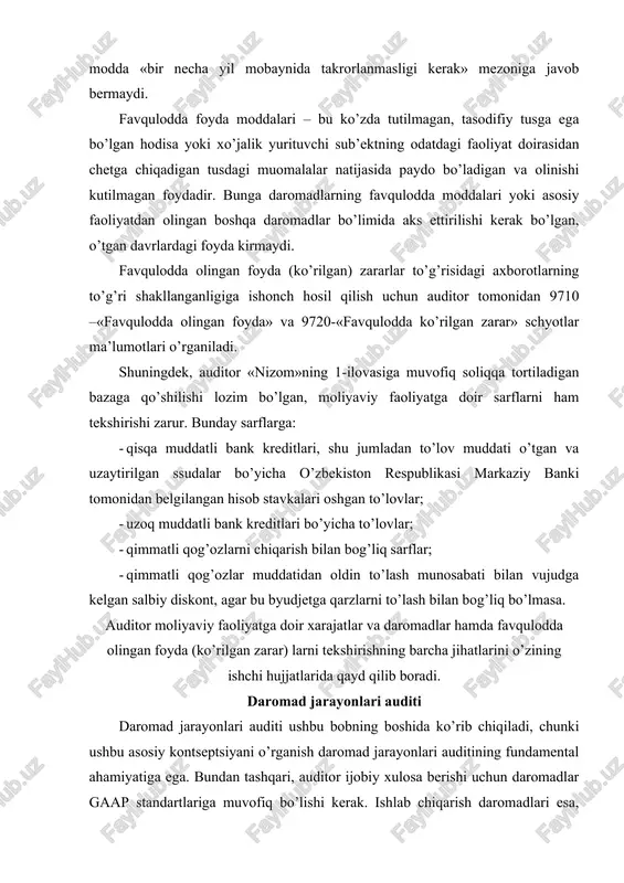 h daromadlari esa, odatdagi kabi mahsulot sotish yoki xizmat ko’rsatishdan iborat. fasb bayonotiga asosan, moliyaviy buxgalteriya tushunchalari 6-chi soni "moliyaviy jadval elementlari" daromadlarni belgilaydi: kompaniya daromadlari yoki boshqa aktivlarning yaxshilanishi (yoki ikkalasining birikmasi) kompaniyaning asosiy yoki markaziy faoliyatini tashkil etuvchi mahsulot etkazib berish yoki ishlab chiqarish, xizmat ko’rsatish yoki boshqa xizmat turlariga bog’liq. daromadlar mahsulot va xizmatlar almashinuvi qiymati bilan o’lchanadi. umuman olganda, kompaniya mahsulot yoki ko’rsatilgan xizmatlari uchun naqd pul yoki da’volarni qabul kiladi. naqd pul da’volari odatda, debitor qarzdorlik sifatida ko’rib chiqiladi. fasb 5-chi moliyaviy buxgalteriya tushunchalari "savdo-sotiq bilan bog’liq tashkilotlar moliyaviy hisobotlarini tashkil qilish va baholash" bayonotiga asosan, daromadni tan olish (yozuv) uchun u amalga oshirilishi yoki ishlab chiqilgan bo’lishi kerak deb talab qiladi. daromad mahsulot yoki xizmat ko’rsatish pulga almashinganida, boshka aktivlarni to’lashga va’da qilinganida paydo bo’ladi. odatda kompaniya tomonidan mahsulot etkazib berilganida yoki xizmat ko’rsatilib bo’linganida daromad olish jarayoni tugatilgan hisoblanadi. sec in sab №101 …