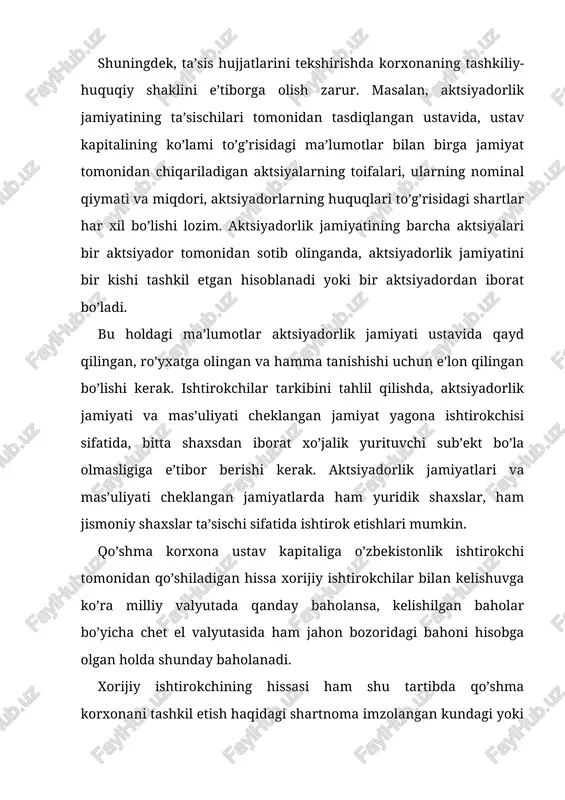 idagi huquq va majburiyatlarni o‘zaro kelishib olish zarur bo‘ladi. bunday kelishuv ta’sis shartnomasi orqali rasmiylashtiriladi. litsenziyalanishi lozim bo’lgan faoliyat turlari bo’yicha litsenziyalar mavjudligi va ularning amal qilish muddatlari tekshiriladi. chunki, korxona bunday faoliyat turlari bilan shug’ullanish huquqiga litsenziya olingan yoki unda ko’rsatilgan vaqtdan boshlab ega bo’ladi va ushbu huquq litsenziya amal qilish muddati o’tishi bilan to’xtatiladi. tegishli litsenziyalarga ega bo’lmasdan amalga oshirilgan faoliyat turlari noqonuniy hisoblanadi. agar korxona bitta ta’sischi tomonidantashkil etilgan bo’lsa, bunda u mazkur ta’sischi tomonidan tasdiqlangan, tegishli hoqimiyat organidan ro’yxatdan o’tgan va notarial idora tomonidan tasdiqlangan ustav asosida faoliyat ko’rsatadi. ta’sis hujjatlari bilan tanishish auditorga mulk egasi kim ekanligini va kimning manfaati uchun tekshiruv o’tkazilayotganligini aniqlashga imkon beradi. agar korxona bir necha ta’sischilar tomonidan tashkil etilgan bo’lsa, u holda ta’sis shartnomasi tuzilishi lozim, ustav esa ta’sischilar tomonidan tasdiqlangan bo’lishi lozim. masalan, mas’uliyati cheklangan jamiyatlar (mchj) barcha ta’sischilar tomonidan imzolangan ta’sis shartnomasi va ustav asosida tashkil etiladi va …