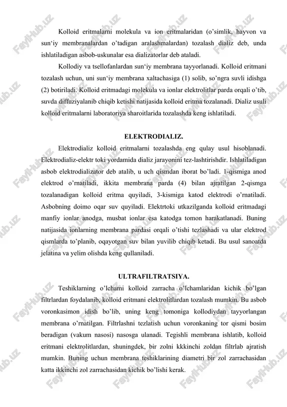 ktrolitlardan tozalash mumkin. bu asbob voronkasimon idish bo’lib, uning keng tomoniga kollodiydan tayyorlangan membrana o’rnatilgan. filtrlashni tezlatish uchun voronkaning tor qismi bosim beradigan (vakum nasosi) nasosga ulanadi. tegishli membrana ishlatib, kolloid eritmani elektrolitlardan, shuningdek, bir zolni kkkinchi zoldan filtrlab ajratish mumkin. buning uchun membrana teshiklarining diametri bir zol zarrachasidan katta ikkinchi zol zarrachasidan kichik bo’lishi kerak. tsentrifugalash usuli. 1913 yilda a.v.lumanskiy kolloid eritmalarda kolloid zarrachalarni tsentrifuga yordamida cho’ktirib ajratib olish mumkinligini ko’rsatdi. bu usulni takomillashtirib, svedberg kolloid zarrachalarni cho’ktirishda hozzirgi zamon ultratsentrifugasini qo’lladi. u minutiga 60000 marotiba aylanadi. foydalanilgan adabiyotlar 1. ktrelev v.a. kratkiy kurs fizicheskoy ximii. m. 1989 g. 2. stromberg a.g. semchenko d.p. fizicheskaya ximii. m. 1973 g. 3. voyutskiy s.e. kurs kolloidnoy ximii. m. 1973 g. 3. usmonov x.u. rustamov x.r. raximov x.r. «fizik kimyo» toshkent o’qituvchi. 1963-1975 yil. 4. raximov x.r. «fizik va kolloid ximiya» toshkent. o’qituvchi 1978 yil. 5. gerasimov ya.i. «kurs fizicheskoy ximii» moskva …