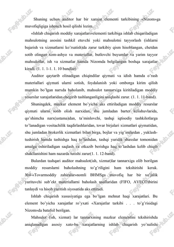 irish hamda tashishga haq to’lashdan, tashqi yuridik shaxslar tomonidan amalga oshiriladigan saqlash va etkazib berishga haq to’lashdan kelib chiqib shakllanishini ham nazarda tutishi zarur(1. 1. 12-band). bulardan tashqari auditor mahsulot(ish, xizmat)lar tannarxiga olib borilgan moddiy resurslarni baholashning to’g’riligini ham tekshirishi kerak. №4-«tovarmoddiy zahiralar»nomli bhmsga muvofiq har bir xo’jalik yurituvchi sub’ekt materiallarni baholash usullaridan (fifo, aveco)birini tanlaydi va hisob yuritish siyosatida aks ettiradi. ishlab chiqarish xususiyatiga ega bo’lgan mehnat haqi xarajatlari. bu element bo’yicha xarajatlar ro’yxati «xarajatlar tarkibi . . . to’g’risidagi nizom»da batafsil berilgan. mahsulot (ish, xizmat) lar tannarxining mazkur elementini tekshirishda aniqlanadigan asosiy xato-bu xarajatlarning ishlab chiqarish yo’nalishi tamoyiliga rioya qilmaslikdir. auditor ish haqi hisoblashga doir dastlabki hujjatlar (ish vaqtini hisobga olish tabeli, ishbay ishlar uchun naryadlar, hisoblashuv-to’lov vedomostlari)ni tekshirish chog’ida boshqa faoliyat turlari (qurilish, madaniy- maishiy va sh. o’)da band bo’lgan xodimlarning mehnatiga haq to’lash xarajatlarining asosiy faoliyatdagi mahsulot(ish, xizmat)lar tannarxiga qo’shilish faktlarini aniqlashi kerak. bunga 6710-«mehnat haqi …