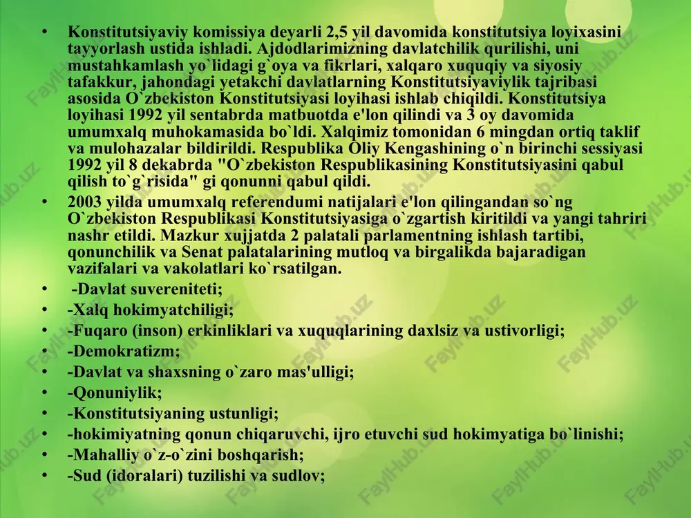 yada belgilab qo`yilgan burchlarini bajaradilar. aristotel o‘rta asr sharqida «birinchi muallim» deb atalar edi. farobiy aristotelning asarlarini yaxshi bilishi, u kabi entsiklopedik bilimga ega bo‘lganligi sababli «ikkinchi muallim», «sharq arastusi» degan buyuk unvonga sazovor bo‘lgan. bu mashxur olim esa, aristotel va farobiyning ilg‘or g‘oyalarini tabiatshunoslik ilmining yangi yutuqlari asosida yanada rivojlantirdi va «uchinchi muallim» degan buyuk unvonga ega bo‘ldi. u kim? ❖ javob: abu ali ibn sino. kometa, teleskop, apistogramma, metinnis, puntiuskonxonius, mezonkauta. bu nomlarning umumiyligi nimada? ❖ javob: bularning barchasi akvarium baliqlarining nomi. ingliz olimi uilyam garvey shunday deb yozgan edi: «har qanday jonli mavjudot undan kelib chiqadi». u nima bo‘lishi mumkin? ❖ javob: tuxum. ularni tojikistonda jo‘gilar, armanistonda bosha, angliyada misrlik, eronda qoracha, frantsiyada fir’avn qabilasi, finlyandiyada qora deb ataydilar. ho‘sh ular bizda qanday ataladi? ❖javob: lo‘lilar. adabiyotlar • o`zbekiston respublikasi konstitutsiyasi.-t.: "o`zbekiston" 1994.-86b. • azizxo`jaev a. davlatchilik va ma'naviyat.-t.: 1997.-112b. • jalolov a. o`zbekiston: mustaqillik, ma'noviyat, mafkura …