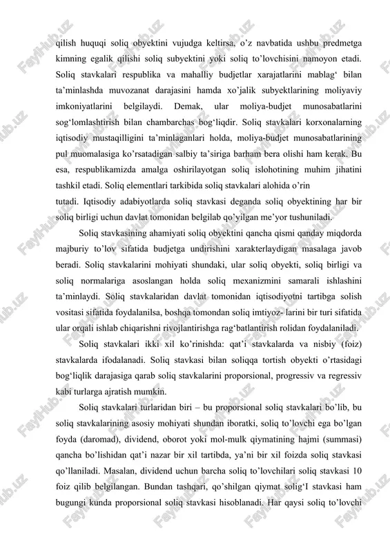 stavkasi bilan soliqqa tortish obyekti o’rtasidagi bog‘liqlik darajasiga qarab soliq stavkalarini proporsional, progressiv va regressiv kabi turlarga ajratish mumkin. soliq stavkalari turlaridan biri – bu proporsional soliq stavkalari bo’lib, bu soliq stavkalarining asosiy mohiyati shundan iboratki, soliq to’lovchi ega bo’lgan foyda (daromad), dividend, oborot yoki mol-mulk qiymatining hajmi (summasi) qancha bo’lishidan qat’i nazar bir xil tartibda, ya’ni bir xil foizda soliq stavkasi qo’llaniladi. masalan, dividend uchun barcha soliq to’lovchilari soliq stavkasi 10 foiz qilib belgilangan. bundan tashqari, qo’shilgan qiymat solig‘i stavkasi ham bugungi kunda proporsional soliq stavkasi hisoblanadi. har qaysi soliq to’lovchi qancha oborot (realizatsiya)ga ega bo’lishidan qat’i nazar 20 foiz stavka bo’yicha soliq to’laydi. shuningdek, yuridik shaxslardan olinadigan mol-mulk solig‘i bo’yicha ham proporsional soliq stavkasi qo’llaniladi. respublikamiz soliq tizimida amal qiluvchi yuridik va jismoniy shaxslarning mol-mulkiga soliq uning obyekti 500 ming so’m bo’lganida ham 800 ming so’m bo’lganida ham soliq stavkasi o’zgarmay qolaveradi, ya’ni soliq obyektining o’zgarishi soliq stavkasining …