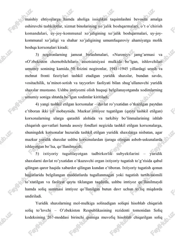 undiriladi. yuridik shaxslarning mol-mulkiga solinadigan soliqni hisoblab chiqarish soliq to’lovchi – o’zbekiston respublikasining rezidenti tomonidan soliq kodeksining 267-moddasi birinchi qismiga muvofiq hisoblab chiqarilgan soliq solinadigan bazadan va belgilangan stavkadan kelib chiqqan holda amalga oshiriladi. soliq davri mobaynida soliq to’lovchilar har oyda joriy to’lovlarni to’laydilar, mikrofirmalar va kichik korxonalar bundan mustasno. joriy to’lovlar summasi tegishli yil uchun mol-mulkning o’rtacha yillik qoldiq qiymatidan (o’rtacha yillik qiymatdan) va belgilangan stavkadan kelib chiqqan holda hisoblab chiqarilgan yuridik shaxslarning mol-mulkiga solinadigan soliq yillik summasining o’n ikkidan bir qismi miqdorida belgilanadi. joriy to’lovlar miqdorini hisoblab chiqarish uchun soliq to’lovchi soliq bo’yicha hisobga olish joyidagi davlat soliq xizmati organiga belgilangan shakldagi ma’lumotnomani joriy yilning 20 yanvarigacha taqdim etadi. byudjetga joriy to’lovlarni to’lash har oyning 25-kunidan kechiktirmay amalga oshiriladi. yuridik shaxslarning mol-mulkiga solinadigan soliqning hisob-kitobi soliq bo’yicha hisobga olish joyidagi davlat soliq xizmati organlariga ortib boruvchi yakun bilan yilning har choragida hisobot davridan keyingi oyning 25-kunidan kechiktirmay, yil …