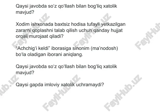 n javobni belgilang. qaysi javobdagi birlik imloviy jihatdan to‘g‘ri yozilgan? quyidagi gapda ajratib ko‘rsatilgan so‘zlarning imlosi to‘g‘ri ko‘rsatilgan javobni belgilang. “shifokorlarning aytishicha, ochko‘zlik turli kasalliklarga, osh//qozon tizimining buzilishiga, yuzga husn//buzarlar toshishiga olib//keladi” qaysi gapda tinish belgisini qo‘llash bilan bog‘liq xatolik mavjud emas? qaysi hujjatda xodim (ishchi) aniq bir ishni bajarishni zimmasiga olishi, muassasa esa ish haqini to‘lash va shu ishni bajarish uchun sharoit yaratib berish majburiyatlari aks ettiriladi? birinchi shaxs nomidan yoziladigan hujjatni belgilang. qaysi gapda imloviy xatolik uchramaydi? “toshni kesa olmas pichoqning(1) dami, pok tanga o‘tmaydi saraton (2) dami, ilm va hunarga bag‘ishla o‘zni, g‘animat yoshlikning har o‘tgan (3) dami”. ushbu parchada (1) raqami bilan berilgan so‘zning ma’nodoshini toping. qaysi javobda o‘zaro zid ma’noli (antonim) so‘zlar ishtirok etgan? “bayonot” so‘zi bilan ma’nodosh bo‘la oladigan so‘zni aniqlang. imloviy jihatdan to‘g‘ri yozilgan so‘zlar qatorini aniqlang. “opis” so‘zining o‘zbek tilidagi tarjimasini aniqlang. berilgan so‘zlardan qaysi biriga “ma’lum bir mavzu bo‘yicha eng qiziqarli …