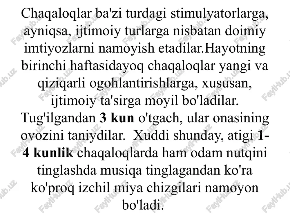 qarab yaxshilanadi. tug'ilishdan oldin bolalar ba'zi narsalarni o'rganish va eslash qobiliyatiga ega. onaning nutqini eshitish tajribasi chaqaloqlarga tug'ilgandan keyin onasining ovozini tanib olishga yordam beradi bolalar tobora ko'proq voqealar to'g'risida ongli ravishda xabardor bo'la boshlaydilar. dastlabki xotiralar yashirin xotira jarayoni natijasida ortadi - go'daklar bunda ma'lumot o'rganayotganliklarini bilmaydilar va xotiralarini til orqali aniqlay olmaydilar stimulyator-qoʻzgʻatuvchi, kuchaytiruvchi, tezlashtiruvchi narsa, omil, sabab perseptual- idrok qilish,tushunish,anglash stimul- biror ishga qiziqish tugʻdiradigan, ragʻbatlantiradigan aksiomatik- (qadimgi yunon:axioma) – oʻz-oʻzidan ravshanligi,ayonligi sababli isbotsiz qabul qilinadigan holat sensatsiya - kutilmaganda sodir boʻlgan, kishilarni hayajonga soladigan hayratli hodisalar har bir kunning o’z ifori bor. bugungi kuningizdan baxt ifori taralsin. kuningiz yaxshilikka boy o’tsin. e’tiboringiz uchun rahmat. image1.jpeg image2.jpeg image3.jpeg image4.jpeg image5.jpeg image6.jpeg /docprops/thumbnail.jpeg