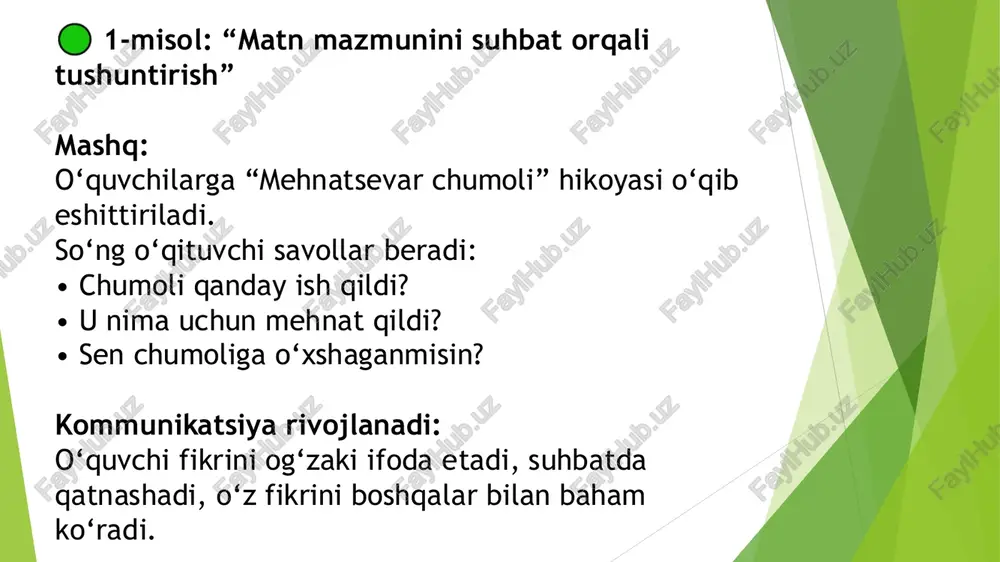 soslanib xulosa chiqarish. masalan: o‘quvchi muammoni faqat yodlab emas, balki o‘ylab, tahlil qilib hal qiladi. slide 16: 1. “bo‘g‘irsoq” ertagi (1–2-sinf o‘qish kitobidan) bo‘g‘irsoq yo‘lida uchragan hayvonlarning hammasidan qochadi, lekin oxirida tulkiga uchrab, unga ishonib, uning oldida qo‘shiq aytadi va tulki uni yeb qo‘yadi. 🧠 kritik fikrlash: o‘quvchi “bo‘ slide 17: 2. “donishmand bola” hikoyasi (3-sinf o‘qish kitobidan) bir bola o‘z do‘stlari bilan bahslashadi: “eng qimmat narsa nima?” u boshqalar aytgan javoblardan farqli ravishda “ilm” deb javob beradi. 🧠 kritik fikrlash: o‘quvchi “nega bola ilmni eng slide 18: 3. “qarg‘a va choynak” masali (4-sinf o‘qish kitobidan) qarg‘a suv ichmoqchi bo‘ladi, lekin choynakdagi suv pastda bo‘ladi. u tosh tashlab suvni ko‘taradi va ichadi. 🧠 kritik fikrlash: o‘quvchi “qarg‘a nima uchun shunday yo‘l tutdi?”, “boshqa