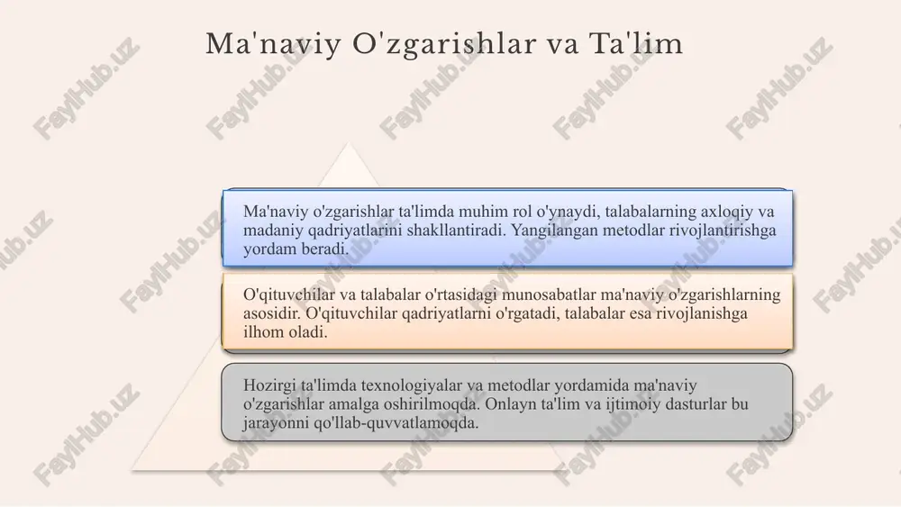 da, ijtimoiy barqarorlik, hamjihatlik va yurtga sadoqatni mustahkamlashda asosiy omil bo'ladi. ta'lim sohasida yangi qadriyatlarni joriy etish mamlakatimiz kelajagi uchun muhim strategik vazifa hisoblanadi. yoshlar va madaniyat yoshlar madaniyatida yangi qadriyatlar yoshlar yangi qadriyatlar va an'analarni rivojlantirmoqda. ular milliy madaniyatga yangi nafas olib kiradi va yoshlarning identitetini shakllantiradi. zamonaviy texnologiyalar va global madaniyat ta'siri bilan, yoshlar o'z madaniyatlarini yangi shakllantirmoqda. madaniyat va ma'naviyat o'rtasidagi bog'lanish madaniyat va ma'naviyat chuqur bog'liqlikda. madaniyat insonlarning qadriyatlarini, an'analarini va axloq-odoblarini belgilaydi. yoshlar orasida ma'naviyat rivojlanishi, ularning madaniyatga bo'lgan munosabatini va uni yangi avlodga o'tkazishni ta'minlaydi. madaniy tadbirlar va yoshlar ishtiroki madaniy tadbirlar yoshlar madaniyatini rivojlantiradi. konsertlar, san'at ko'rgazmalari, sport musobaqalari va xalq an'analariga asoslangan tadbirlar yoshlar qiziqishini oshiradi, ularni madaniyatni yanada chuqurroq o'rganishga undaydi. 01. 02. 03. xulosa ma'naviy o'zgarishlarning roli yangi o'zbekistonda ma'naviy o'zgarishlar jamiyat rivojlanishining muhim asosini tashkil etadi. ular ijtimoiy, madaniy va shaxsiy sohalarda yangi imkoniyatlar yaratmoqda. kelajak va rivojlanish yo'nalishlari …