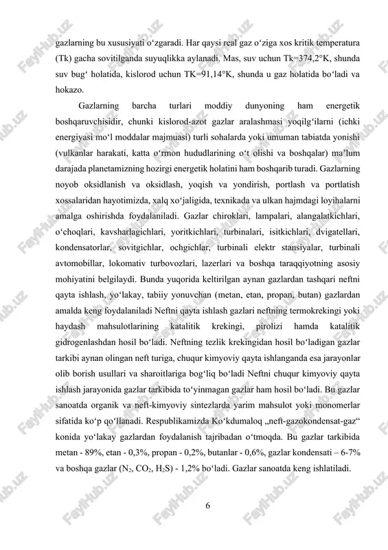 n (metan, etan, propan, butan) gazlardan amalda keng foydalaniladi neftni qayta ishlash gazlari neftning termokrekingi yoki haydash mahsulotlarining katalitik krekingi, pirolizi hamda katalitik gidrogenlashdan hosil boʻladi. neftning tezlik krekingidan hosil boʻladigan gazlar tarkibi aynan olingan neft turiga, chuqur kimyoviy qayta ishlanganda esa jarayonlar olib borish usullari va sharoitlariga bogʻliq boʻladi neftni chuqur kimyoviy qayta ishlash jarayonida gazlar tarkibida toʻyinmagan gazlar ham hosil boʻladi. bu gazlar sanoatda organik va neft-kimyoviy sintezlarda yarim mahsulot yoki monomerlar sifatida koʻp qoʻllanadi. respublikamizda koʻkdumaloq „neft-gazokondensat-gaz“ konida yoʻlakay gazlardan foydalanish tajribadan oʻtmoqda. bu gazlar tarkibida metan - 89%, etan - 0,3%, propan - 0,2%, butanlar - 0,6%, gazlar kondensati – 6-7% va boshqa gazlar (n2, co2, h2s) - 1,2% boʻladi. gazlar sanoatda keng ishlatiladi. molekulalarning o‘lchamini inobatga olinmaydigan va molekulalar o‘rtasiga o‘zaro ta'sirini hisobga olmasa ham bo‘ladigan gazga ideal gaz deb aytiladi. garchi tabiatda bunday gazlar bo‘lmasa ham past bosimdagi gazlarni ideal gazdan iborat deb qarash …