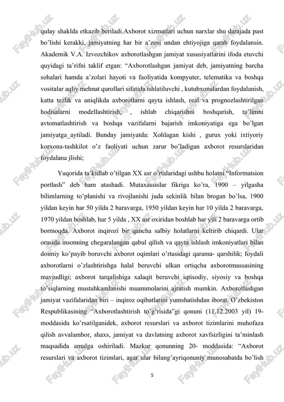 a jismoniy shaxslarga zarar yetkazilishi mumkin bo’lsa, muhofaza qilinishi kerak. davlat organlari, yuridik va jismoniy shaxslar davlat sirlari hamda maxfiy sirlar to’g’risidagi axborotni o’z ichiga olgan axborot resurslari va axborot tizimlarining muhofaza qilinishini ta’minlashi shart”, deb alohida ko’rsatilgan. davlat organlari axborot tizimlari tarkibiga quyidagilarni kiritish mumkin: · muayyan davlat organi tomonidan maqsad hamda vazifalarini amalga oshirishga xizmat qiluvchi tranzaksiyali va hisobdagi mavjud quyi tizimlar; · milliy axborot tizimi tarkibidagi, davlat organlari o’rtasida axborottizimlari orqali ma’lumot almashinishga xizmat qiluvchi quyi tizimlar; · davlat organi faoliyatida boshqaruv va ish jarayonini osonlashtirishga xizmat qiluvchi resurslarni boshqarishning quyi tizimlari; · davlat organlari faoliyatida ma’lumotlarni yig’ish, qayta ishlash, saqlash vatahlil qilishga xizmat qiluvchi axborot-tahliliy quyi tizimlar; · elektron hujjat almashinuvining quyi tizimlari; · hujjatlarning elektron arxivini boshqarishga doir quyi tizimlar; · ekspluatatsiyani boshqarish(infratuzilma komponentlarini boshqarishtizimlari)ga oid quyi tizimlar; · davlat organi to’g’risida internet yoki boshqa kanallar orqali axborot yetkazish, jismoniy va yuridik shaxslar o’rtasidagi o’zaro …