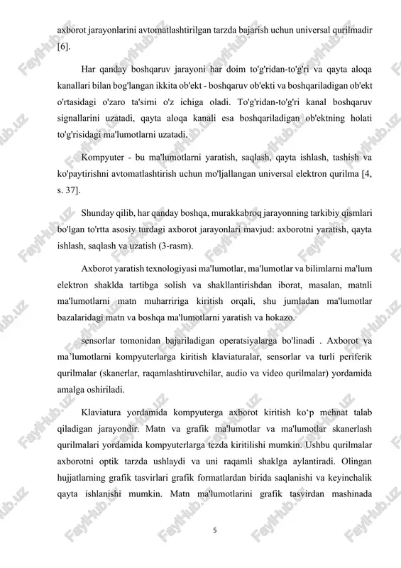 ma'lumotlar va ma'lumotlarni yig'ish - turli manbalardan ma'lumotlarni olish, ularni guruhlash va ularni kompyuterga kiritish uchun mos shaklda taqdim etish jarayoni. bilimlarni to'plash - bu mavzu bo'yicha mutaxassis mutaxassislardan ma'lumot olish va uni bilimlar bazasida qayd etish uchun mos shaklda taqdim etish jarayoni [7]. qayta ishlash keng tushuncha bo'lib, u ko'pincha bir-biriga bog'langan, kichikroq operatsiyalarni o'z ichiga oladi. qayta ishlash hisob-kitoblar, tanlash, qidirish, birlashtirish, birlashtirish, saralash, filtrlash va boshqalar kabi operatsiyalarni o'z ichiga oladi. shuni yodda tutish kerakki, qayta ishlash ma'lumotlar (ma'lumotlar, bilimlar) ustidagi operatsiyalarni tizimli ravishda bajarishdir; ma'lumotlar, ma'lumotlar va bilimlarning har qanday shaklini ular ustidagi operatsiyalarni tizimli bajarish orqali o'zgartirish, hisoblash, tahlil qilish va sintez qilish jarayoni. amalda texnologik qayta ishlash jarayonlarining ko'plab o'zgarishlari mavjud. ulardan foydalanish texnologik jarayonning alohida operatsiyalarida qo'llaniladigan hisoblash va tashkiliy texnologiyaga bog'liq. ma'lumotlar, ma'lumotlar va bilimlarni qayta ishlash operatsiyalari odatda alohida ajratiladi. ma'lumotlarni qayta ishlash - bu ma'lumotlar ustida ketma-ket operatsiyalarni bajarish jarayoni. …