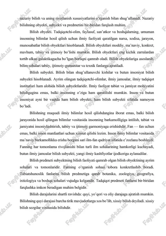 fanlarni bir-biridan farqlashka imkon beradigan muhim belgidir. bilish darajalarini shartli ravishda: quyi, yo’qori va oliy darajaga ajratish mumkin. bilishning quyi darajasi barcha tirik mavjudotlarga xos bo’lib, xissiy bilish deyiladi. xissiy bilish sezgilar vositasida bilishdir. insonning sezgi a’zolari (ko’rish, eshitish, hid bilish, ta’m bilish, teri sezgisi) boshqa mavjudotlarda bo’lgani singari uning narsalarga xos xususiyat, belgilarini farqlash, tabiiy muhitka moslashish va himoyalanishi uchun yordam beradi. bilishning quyi bosqichida sezgi, idrok, tasavvur, diqqat, xayol tashqi olam to’g’risida muayyan bilimlar hosil qilishga yordam beradi. bilishning yo’qori bosqichi faqat insonlargagina xos bo’lib, aqliy bilish (rasional bilish) deyiladi. agar inson o’z sezgilari yordamida narsa va xodisalarning faqat tashqi xossa va xususiyatlarini bilsa, tafakkur vositasida narsa va xodisalarning ichki mohiyatini bilib oladi. mohiyat hamisha yashirindir, u doimo xodisa sifatida namoyon bo’ladi. har bir xodisada mohiyatning faqat bir tomonigina namoyon bo’ladi. shu boisdan ham xodisa aldamchi va chalg’ituvchidir. binobarin, inson sezgilarining biron bir narsa yoki xodisa to’g’risida bergan …
