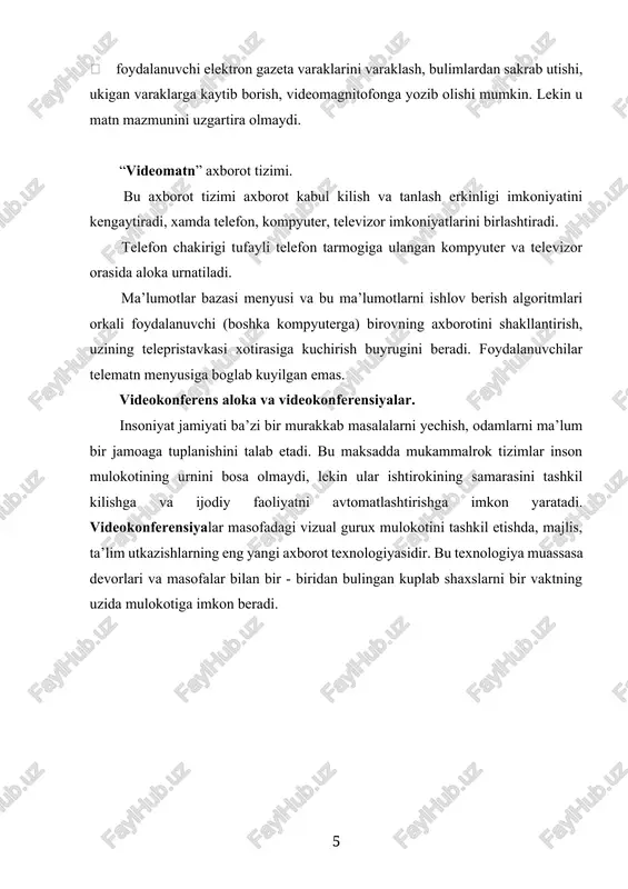 egraf, gramyozuv, magnitafon yozuvi, televideniye va radioni misol kilib olishimiz mumkin. bu kurilmalarda axborotlarni saklashda va uzatishda ma’lum bir kurinishidagi signallar yordamida amalga oshiriladi. bu signallar uzluksiz va diskret signallarga bulinadi. radio va televideniyedagi, xamda gramyozuvdagi, magnitafon yozuvidagi kullaniladigan signallarning grafik kurinishi uzluksiz kiyshik chizik xolatida uzgaruvchan shaklda bulib, bunday signallarni uzluksiz yoki anolog signallar deyiladi. bunga karama-karshi telegraf va va xisoblash texnikasidagi signallar impuls shaklida buladi va bunday signallarni diskret yoki rakamli signal deyiladi. biz xar bir texnikalaridan, ularda kanday signal kullanishidan kat’iy nazar imkoniyat darajasida foydalanishni istaymiz. informatika soxasida ishlayotgan xodimlar xech bulmaganda axborot vositalarida bir turdagi signalni kullanilishini istaydilar. shuning uchun sifatli bir shakldagi, uzluksiz yoki diskret signal kurilmalarini tanlash va yaratish muammosi payda buldi. uzluksiz va diskret signallarni uzaro takkoslash uchun ularning kuyidagi aloxida axamiyatli farklari: uzluksiz signal katta uzgaruvchan kiymatlar tumlamidan iborat bulsa, diskret signallar esa ikkita kiymatga ega bulib "0" va "1" sonlari orkali …