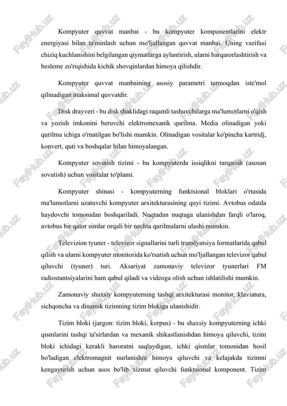itta korpusga birlashtirilgan videoproyektor va ekran (muqobil ravishda - oyna yoki oyna tizimi orqali) kompyuter klaviaturasi foydalanuvchi uchun asosiy kiritish qurilmalaridan biridir. standart kompyuter klaviaturasida 101 yoki 102 tugma mavjud. oldingi seriyalarga kiritilgan klaviaturalar - ibm pc va ibm pc/xt - 86 ta tugmachaga ega edi. klaviaturaning joylashuvi ingliz alifbosi uchun mo'ljallangan yagona, umumiy qabul qilingan naqshga amal qiladi. sichqoncha (odatda sichqoncha yoki sichqoncha boshi deb ataladi) kompyuter bilan foydalanuvchi interfeysini ta'minlovchi ko'rsatuvchi kiritish qurilmalaridan biridir. printer raqamli ma'lumotlarni qattiq diskda, odatda qog'ozda chop etish uchun mo'ljallangan qurilma. bu kompyuter terminal qurilmasi. printerlar inkjetli, lazerli, matritsali, rangi bo‘yicha esa oq-qora (monoxrom) va rangli bo‘lishi mumkin. skaner - ob'ektni (odatda rasm yoki matnni) tahlil qilish orqali ob'ekt tasvirining raqamli nusxasini yaratadigan qurilma. ushbu nusxani yaratish jarayoni skanerlash deb ataladi. ko'pgina skanerlar tasvirni raqamli shaklga aylantirish uchun zaryad bilan bog'langan qurilmalar (ccd) asosidagi yorug'likka sezgir elementlardan foydalanadi. akustik tizim - bu tovushni …