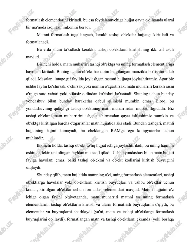 mchi dasturlar to'plamidan iborat. formatlash elementlari to'plami har bir matn muharriri uchun juda xosdir. bu shuni anglatadiki, bitta matn muharriri uchun tarjimon boshqa matn muharriri elementlarini tushuna olmaydi va to'g'ri qayta ishlay olmaydi. shunga qaramay, boshqa matn muharririda yaratilgan hujjatlarni o'qish zarurati hali ham mavjud. ushbu muammoni hal qilish uchun kuchli va o'rta diapazonli muharrirlar boshqa matn muharririning elementlarini shu buyruqlarga tarjima qiladigan konvertorlar to'plamini o'z ichiga oladi. 2libreoffice writer matn muharriri writer - bu libreoffice ofis to'plamiga kiritilgan matn protsessor va vizual html muharriri. bu openoffice.org writer matn protsessorining vilkasidir. libreoffice writer gnu lesser general public license v3 ostida tarqatiladi. u zamonaviy, to'liq xususiyatli matn protsessor va nashriyot vositasining barcha zarur xususiyatlarini o'z ichiga oladi. matn protsessorining standart xususiyatlariga qo'shimcha ravishda (imlo tekshirish, tezaurus, defis qo'yish, avtotuzatish, topish va almashtirish va avtomatik tarkib) writer quyidagi muhim imkoniyatlarni taqdim etadi:  uslublar va shablonlar bilan ishlash;  sahifalarni joylashtirish texnikasi, …