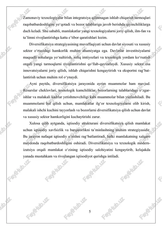 iblari kabi omillarga qaratiladi. bu jarayon mamlakat iqtisodiyotining global iqtisodiy muhitga moslashishini ta’minlaydi va yangi eksport bozorlarini ochishga yordam beradi. masalan, o‘zbekistonning eksport portfeli kengayib, yangi texnologiyalar bilan jihozlangan mahsulotlar ishlab chiqarilishi uchun imkoniyatlar yaratiladi. raqobatbardoshlik strategiyalari esa, o‘z navbatida, mamlakat mahsulot va xizmatlarining xalqaro standartlarga mosligini ta’minlash, innovatsiyalarni joriy etish, sifatni oshirish va xarajatlarni optimallashtirishni nazarda tutadi. raqobatbardosh mahsulotlar ishlab chiqarish uchun, avvalo, ishlab chiqarish jarayonlarini modernizatsiya qilish, texnologik innovatsiyalarni keng qo‘llash va malakali ishchi kuchini rivojlantirish muhimdir. bu strategiyalar yordamida mamlakat global bozorlarning talablari bilan moslashadi va o‘z mahsulotining raqobatbardoshligini ta’minlaydi. tashqi bozorlarda raqobatbardoshlikni oshirish uchun innovatsiyalar va sifatni yaxshilash muhim ahamiyatga ega. innovatsiyalar, ayniqsa, texnologik rivojlanish va yangi mahsulotlar yaratish jarayonida muhim rol o‘ynaydi. bu esa mahsulotlar va xizmatlarning sifatini oshirish va xarajatlarni kamaytirish imkonini beradi. xalqaro bozorlarda muvaffaqiyat qozonish uchun, shuningdek, marketing strategiyalarini to‘g‘ri ishlab chiqish, brendni rivojlantirish va mahalliy ishlab chiqarishni qo‘llab-quvvatlash zarur. bu omillar …