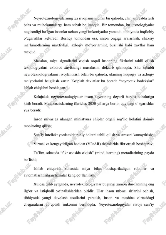 ashuvni shakllantirishi lozim. faqat shunda biz texnologiyalarni inson manfaatiga xizmat qiladigan darajada boshqarish imkoniyatiga ega bo‘lamiz. 2. sun’iy intellektning mohiyati va qo‘llanilish sohasi bugungi texnologik inqilob davrida sun’iy intellekt (si) insoniyat taraqqiyotining muhim omiliga aylandi. u ilgari faqat ilmiy fantastika asarlarida uchraydigan g‘oyalarni real hayotga tatbiq etmoqda. sun’iy intellekt deganda inson tafakkuri, o‘rganish, mantiqiy xulosa chiqarish, qaror qabul qilish, tahlil qilish kabi aqliy jarayonlarni kompyuterlar yordamida amalga oshirish imkonini beruvchi texnologiyalar majmui tushuniladi. zamonaviy dunyoda sun’iy intellekt har bir sohada – iqtisodiyotda, ta’limda, sog‘liqni saqlashda, transportda, ishlab chiqarishda, hatto san’at va madaniyatda ham faol qo‘llanilmoqda. shu boisdan, si bugungi kunda nafaqat texnik, balki ijtimoiy-iqtisodiy rivojlanishning ham strategik yo‘nalishlaridan biri sifatida e’tirof etilmoqda. “sun’iy intellekt” atamasi birinchi marta 1956-yilda amerikalik olim jon makkarti tomonidan dartmouth konferensiyasida ishlatilgan. u sun’iy intellektni “mashinalarni inson kabi fikrlash va o‘rganishga o‘rgatuvchi fan” sifatida ta’riflagan. aslida, si inson tafakkurining ayrim funksiyalarini algoritmlar yordamida modellashtirishga asoslanadi. sun’iy …