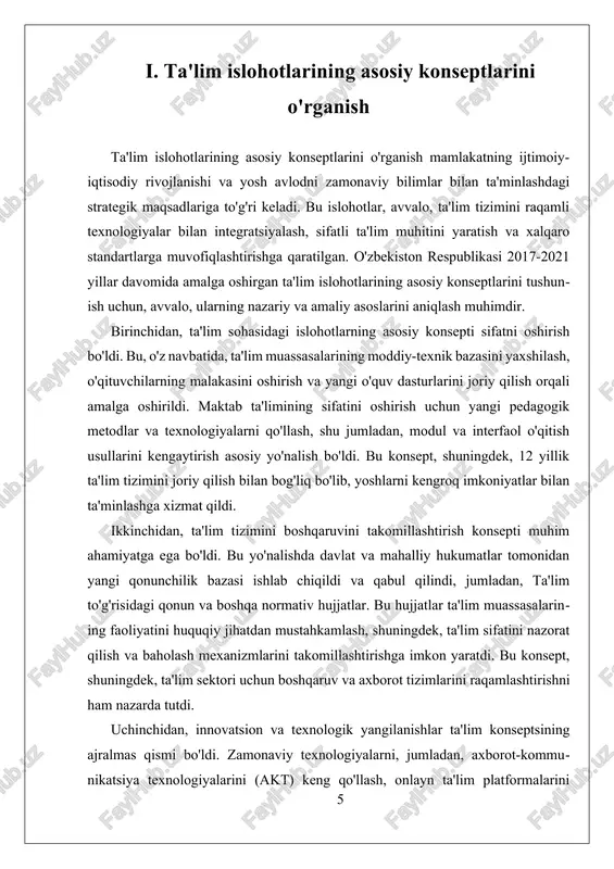 lgan ta'lim muhitini yaratishda muhim rol o'ynadi. texnologik yangilanishlar esa ta'lim jarayonining samaradorligini oshirishga qaratildi. zamonaviy axborot-kommunikatsiya texnologiyalarining keng joriy etilishi, masalan, onlayn ta'lim platformalari, interaktiv doskalar va mobil ilovalar yordamida o'qitish metodlari yangilandi. bu yangiliklar nafaqat ta'lim muassasalarining moddiy-texnik bazasini rivojlantirishga, balki o'qituvchilarning malakasini oshirish uchun ham yangi imkoniyatlar yaratdi. o'qituvchilar uchun maxsus treninglar va seminarlar tashkil etildi, natijada ularning pedagogik va texnologik kompetensiyalari sezilarli darajada oshdi. raqamli ta'lim muhitining kengayishi bilan birga, ta'limda individual yondashuv va interaktivlik kuchaydi. masalan, virtual laboratoriyalar, simulyatsiya dasturlari va interaktiv o'quv materiallari yordamida o'quv jarayoni qiziqarli va samarali bo'ldi. bu esa yoshlar orasida muammo yechish qobiliyatlari va kreativ fikrlashni rivojlantirishga xizmat qildi. ayniqsa, pandemiya davrida bu texnologik yangiliklar ta'limni uzluksiz davom ettirish imkonini berdi va onlayn ta'lim tizimining rivojlanishiga turtki bo'ldi. yangi qonunchilik va texnologik yangilanishlarning amaliy natijalari shunchaki qonun hujjatlari va texnologik infratuzilma bilan chegaralanmay, balki ularning ta'lim sifatini sezilarli darajada oshirishga, …