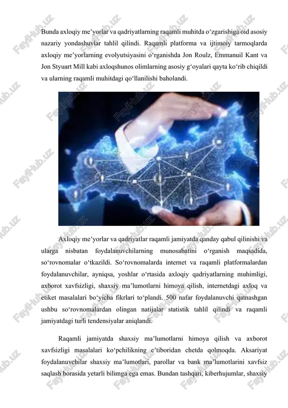 javoblar koʻpincha nazoratdan chiqib, agressiyaga aylanishi mumkin. ayrim guruh va shaxslar ijtimoiy tarmoq va onlayn platformalarda foydalanuvchilarni muayyan gʻoyalar yoki aqidalar orqali agressiv xatti-harakatlarga undaydi. natijada turli xil nazariy qarashlarga ega guruhlar oʻrtasida nizo va kiberbulling holatlari yuzaga keladi. raqamli platformalarda anonimlikni kamaytirish va foydalanuvchilarning shaxsiy maʼlumotlarini tasdiqlash jarayonlarini kuchaytirish orqali kiberbullingni kamaytirish mumkin. buning natijasida foydalanuvchilar oʻz xatti-harakatlari uchun javobgar boʻladi va agressiv harakatlardan qochishga intiladi. ijtimoiy tarmoq va raqamli platformalarda axloqiy kodekslar va xatti-harakat qoidalarini joriy etish kerak. bu kodekslar foydalanuvchilarni odobli va madaniyatli muloqot qilishga undashi mumkin. foydalanuvchilar bu qoidalarni buzgan taqdirda, platforma egalari tomonidan belgilangan jazo choralari koʻrilishi zarur. ijtimoiy tarmoqlar va raqamli platformalarda avtomatlashtirilgan kontent filtrlari va tahlil vositalaridan foydalanish kerak. bu vositalar kiberbulling, nafrat va agressiyani aniqlash va bunday kontentni toʻxtatishga qaratilgan boʻlishi lozim. maktab va oliy taʼlim muassasalarida axloqiy tarbiya va raqamli savodxonlikni oshirish boʻyicha maxsus kurslar va treninglar tashkil qilinishi, yoshlar kiberbulling …