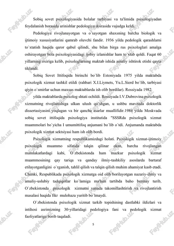 ikr mulohaza yuritib bo`lmaydi. o`zbekistonda psixologik xizmat tarkib topishining dastlabki ildizlari va intihosi asrimizning 30-yillaridagi pedologiya fani va pedologik xizmat faoliyatlariga borib taqaladi. mazkur yillarda ta'lim jarayonini tashkil etish va rivojlantirish o`quvchi va o`qituvchi faoliyati bilan bog`liq psixologik omillarga asoslangan va bu talaygina yaxshi natijalar ham bergan. biroq, afsuski, o`sha davrda sobiq ittifoq mafkurasi va xalq ta'limi o`rtasida paydo bo`lgan ayrim ob'ektiv va sub'ektiv ziddiyatlar oqimi umumta'lim maktablari uchun muhim ahamiyat kasb etgan pedologik xizmat ildiziga bolta urdi va uni rasmiy tarzda yo`qqa chiqardi. natijada, pedagogik psixologiya yo`li bilan bajariladigan barcha ishlar maktabda faqat pedagogik yondashuvlar asosidagina amalga oshirildi. shunday bo`lsa-da, o`zbekistondagi umumta'lim tizimi bilan bog`liq izlanishlar va tadqiqotlar to`xtab qolgani yo`q. ayniqsa, p. i. ivanov, v. e. chudnovskiy, m.g. davletshin, m. vohidovlar tomonidan ishlab chiqilgan qator ilmiy va metodik tavsiyalar maktabda psixologik xizmat tatbiqini yaratish uchun ma'lum darajada asos bo`lib keldi. binobarin, 70-80-yillarda toshkent davlat universiteti psixologiya kafedrasi olimlari …