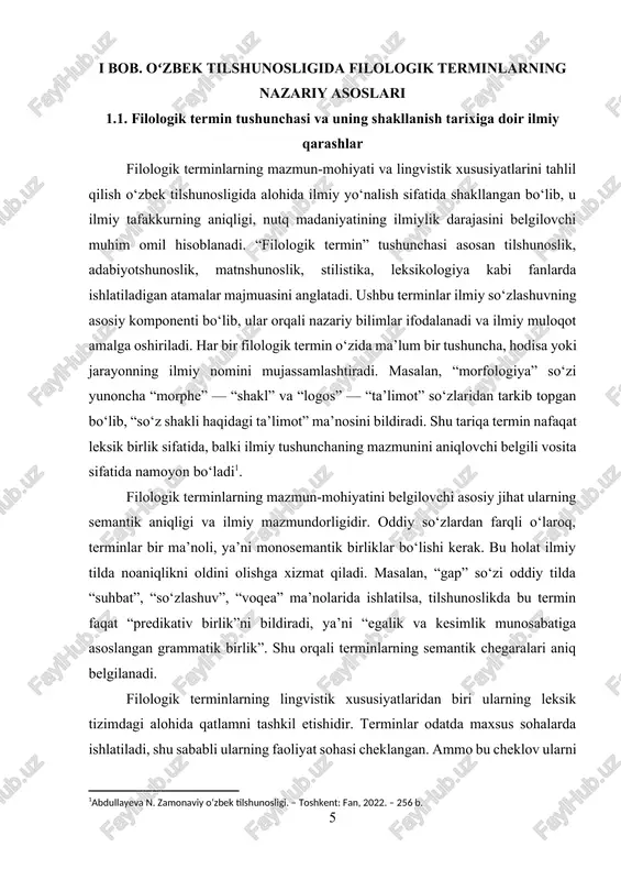 ordamida hosil qilinadi yoki mavjud so‘zlarning semantik o‘zgarishi orqali yangi terminlar yuzaga keladi[footnoteref:2]. masalan, “so‘zlashuv”, “nutqiylik”, “semantik”, “morfemika”, “fonetika” kabi terminlar yasama so‘zlar hisoblanadi. ularning morfologik tuzilishida –lik, –ika, –ika, –tika kabi suffikslar faol ishtirok etgan. bu hodisa terminlarning o‘zbek tilining so‘z yasash tizimi bilan bevosita bog‘liq ekanini ko‘rsatadi. [2: akbarova m. o‘zbek tilidagi sintaktik birikmalarni o‘qitish metodikasi. – toshkent: ta’lim, 2021. – 184 b.] filologik terminlarning yana bir xususiyati ularning xalqaro miqyosda ishlatilish imkoniyatiga ega bo‘lishidir. ko‘plab filologik terminlar, ayniqsa lingvistik atamalar, yunon yoki lotin manbalaridan kirib kelgan. bunday terminlar butun dunyo tilshunosligida yagona ilmiy tushunchani anglatadi. masalan, “fonetika”, “leksikologiya”, “semantika”, “stilistika”, “morfologiya” kabi terminlar barcha tillarda deyarli bir xil shaklda qo‘llanadi. bu holat terminlarning universallik xususiyatini ko‘rsatadi. shu bilan birga, o‘zbek tilida milliy terminologiyani yaratish jarayonida bu so‘zlar o‘zlashgan holda, fonetik va grammatik jihatdan moslashtirilgan. filologik terminlarning lingvistik xususiyatlarini tahlil qilishda ularning sinonimiyasi va variantliligi ham muhim o‘rin …