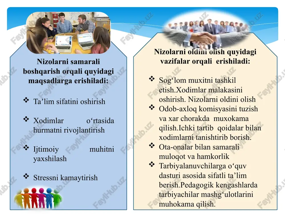 oldini olishga harakat qilinadi. ota-onalar va taʼlim muassasalari oʻrtasida muntazam uchrashuvlar va muloqotlar, nizolarni tezkor va samarali tarzda hal etishga yordam beradi. oʻzbekistonda ota-onalar bilan hamkorlik hali ham rivojlanish jarayonida. ba'zan ota-onalar bilan aloqalar yetarlicha samarali boʻlmay, bu nizo kelib chiqishiga olib kelishi mumkin. kuchli markazlashgan tizimlar yaponiyada odatda taʼlimdagi nizolarni qat'iy regulyatsiya va standartlarga asoslangan holda bartaraf etadilar. ular barcha maktabgacha taʼlim tashkilotlarida bir xil standartlar va qoidalarni oʻrnatadi, bu esa nizolarni kamaytiradi. oʻzbekistonda bu borada qonunlar ishlab chiqilgan va amalga kiritilmoqda bu bosqich ham rivojlanish jarayonida loyixaningning qisqacha mazmuni maktabgacha taʼlim tashkilotlaridagi nizolar koʻpincha kadrlar oʻrtasidagi, ota-onalar va xodimlar oʻrtasidagi hamda bolalar orasidagi muammolarga bogʻliq boʻladi. nizolar sodir boʻlgan joyda oʻz – oʻzidan taʼlim – tarbiya ishlari rejadagidek amalga oshmaydi va oʻz samaradorligini yoʻqotadi menejment boshqaruv da "mojaro" tushunchasi "konflikt" tushunchasi oʻtkir salbiy tajribalar bilan bogʻliq boʻlgan shaxs ongida, shaxslararo yoki guruhlararo munosabatlardagi mos kelmaydigan, qarama-qarshi yoʻnaltirilgan tendentsiyalarning …