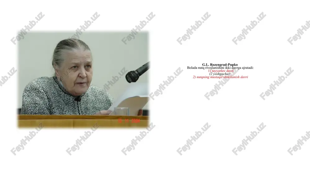 h tarkibini boyitishda birmuncha samaralidir. exolalik reaksiyaning uchinchi ko'rinishi ta’siri ostida bu bosqich rivojlanishi uchun qo‘yilgan dastur, ayniqsa, uning tugashi bosqichida muayyan korrektivlar kiritilishi mumkin ikkinchi davr — bog'chagacha bo‘lgan davr (biryoshdan 3 yoshgacha) bolada birinchi so'zlar paydo bo'lgandan so'ng, tayyorlov davri tugab, aktiv nutqni egallash davri boshlanadi. bu vaqtda bola atrofdagilar artikulatsiyasiga e’tibor beradi. u gapirayotganlar orqasidan so'zlarni ko'p marotaba takrorlaydi va o'zi ham so'zlarni talaffuz qiladi. talaffuz vaqtida bola ba’zi tovushlarni noto'g'ri talqin etadi, o'rnini almashtiradi yoki o'z nutqida qo'llamaydi. bu vaqtda bola bir so'z yoki tovushlar birikmasi bilan predmetni ham, iltimosni ham, his-tuyg'uni ham ifodalashi mumkin. bola hayotining 2—3-yiliga kelib, uning lug'at boyligi sezilarli darajada boyib boradi. shuni ta’kidlash kerakki, ko‘pgina xilma-xil tadqiqotchilar bola lug'at boyligining o‘sib borishida turli raqamli ma’lumotlarni ko'rsatadilar. eng keng tarqalgan m a’lumotga ko'ra, bolalarning lug'at boyligini bog'chagacha bo‘lgan davrda o'sishi qo'yidagi raqamlarni ko‘rsatadi: 1 yosh-u 6 oyda —10—15 ta so'z, 2-yilning oxiriga …