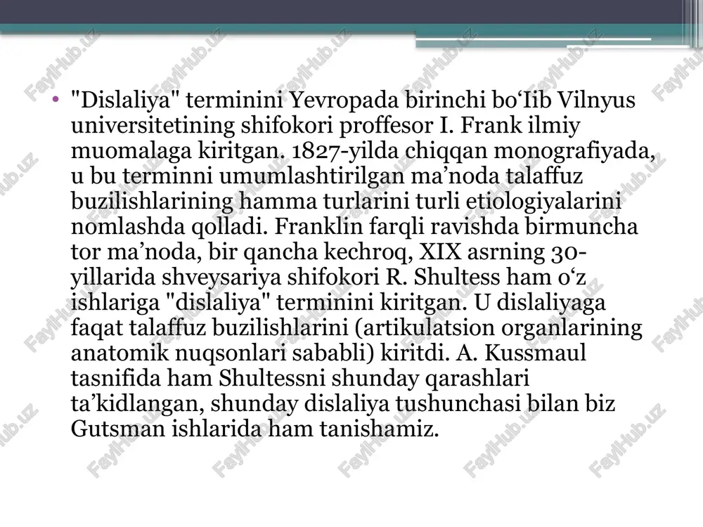 iladi. ota-onalar bilan birgalikda uy sharoitida ham mashg‘ulotlar o‘tkazilishi lozim (logoped topshiriqlari asosida). mashg‘ulotlarni har kuni (kuniga 2—3 marta) 5-15 minutdan o ‘tkazish lozim. talaffuzdagi nuqsonlani bartaraf etish uchun didaktik materiallardan keng foydalaniladi. talaffuzdagi kamchiliklarni bartaraf etish muddati bir q a n c h a faktorlarga bogliq: nuqsonning murakkablik darajasiga, bolaning yosh va individual xususiyatiga, mashg’ulotning muntazamligiga, ota-onalar tomonidan beriladigan yordamga. oddiy dislaliyada mashg‘ulotlar bir oydan uch oygacha, murakkab dislaliyada esa uch oydan olti oygacha o‘tkaziladi. image2.png image3.png image4.png image5.png image6.png image7.png image8.png image9.png image10.png image11.png image12.png image13.png image14.png image15.png image16.png /docprops/thumbnail.jpeg
