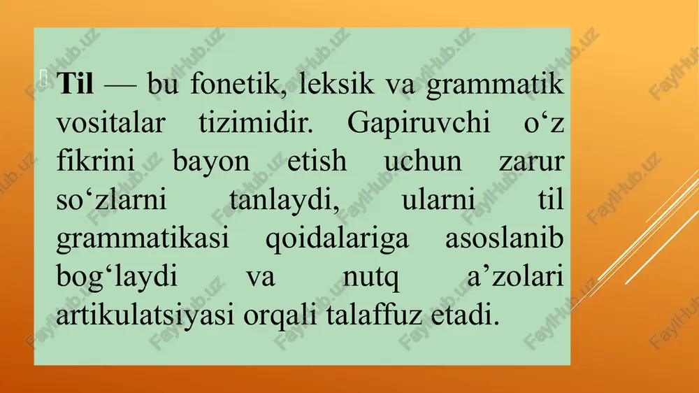 ‘ladi. bu vaqtda hiqildoqning kattaligi qizlarda 1/3, o‘g‘il bolalarda 2/3 qismga o‘sadi va ovoz paychalari cho'ziladi. artikulatsion bo‘lim. artikulatsion bo‘limning asosiy a’zolari: til, lablar, jag‘ (yuqori va pastki), qattiq va yumshoq tanglay, alveolalardir. ulardan til, lab, yumshoq tanglay va pastki jag‘ faol, qolganlari passiv organlar hisoblanadi nadstav nayi ~ bu hiqildoqdan yuqorida joylashgan: halqum, og‘iz bo‘shlig‘i va burun bo‘shlig‘i hisoblanadi. odamda og‘iz va halqum bir bo‘shliqni hosil qiladi. bu hamma tovushlarni talaffuz etishga imkoniyat yaratadi. hayvonlarda (maymunlarda) halqum va ovoz bo‘shlig‘i juda tor teshik bilan bog‘langan. bu nutq rezonatorining zarur funksiyasini bajaradi. nadstav nayi odamda evolutsiya davomida hosil bo‘lgan. nadstav nayi o‘zining tuzilishi, kattaligi, shakli bo‘yicha o‘zgarishi mumkin. nadstav nayining kattaligi va shaklining o'zgarishi nutq tovushlarini hosil qilishda katta ahamiyatga egadir. nadstav nayining shakli va kattaligining o‘zgarishi rezonansni keltirib chiqaradi. rezonans natijasida nutq tovushlari oberitonlarining birlari kuchayadi, boshqalari esa pasayadi. shunday qilib, tovushlarning maxsus nutq tembri vujudga keladi. masalan, a …
