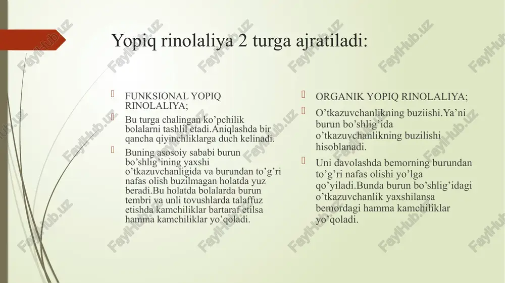 a organlari holati to’g’irlash talab etiladi. 2 bosqich.oralpraksisni rivojlantirish. difragmal nafas olishni rivojlantirish bo’yicha qilinadigan ishlar bilan parallel ravishda unli va undosh tovushlar artikulyemasi artikulyatsion apparat gimnastikasi o’tkaziladi.nutqning aniqligi ko’p jixatdan unli tovushlar to’g’ri talaffuz qilishga bog’liq.unli tovushlarni talaffuz qilishda artilukyatsion organlar holati diqqat bilan kuzatiladi.dastlabki davrlarda unli tovushlar artikulyemasi tayyorlashda pastda ushlab turish lozim.bu usul og’iz bo’shlig’ining hajmini kattallashtirishga yordam beradi.havo qatlamining og’iz bo’shlig’i orqali o’tishi imkoniyatini beradi.tayyorgarlik davrida asosiy vazifa og’izdan nafas olishni shakllantirishdan iborat.barcha artikulyatsion mashqlar ovozni jalb qimasdan amalga oshiriladi.bola bajarayotgan mashqlar unli tovushlar artikulyemasi hisoblay olmaydi.loped artikulyemalar ukladini aniqlashtirish va yaxshilash imkoniyatini beradi. 2.asosiy bosqich. bu davr 3 bosqichga ajratiladi: 1-bosqich og’iz orqali nafas chiqarishda ovoz qo’shish. 2-bosqich portlovchi undosh tovushlarni realizatsiya qilishda og’izdan qisqa nafas chiqarishni shakllantirish. 3-bosqich sanor tovushlarini va affikat tovushlar guruxini talaffuzini shakllantirish va qisqa va uzun xarakterdagi og’izdan hamda burundan nafas olish va chiqazish differsiatsiyasi. 1- bosqich:frikativ tovushlar ustida ishlash.jarangsiz …