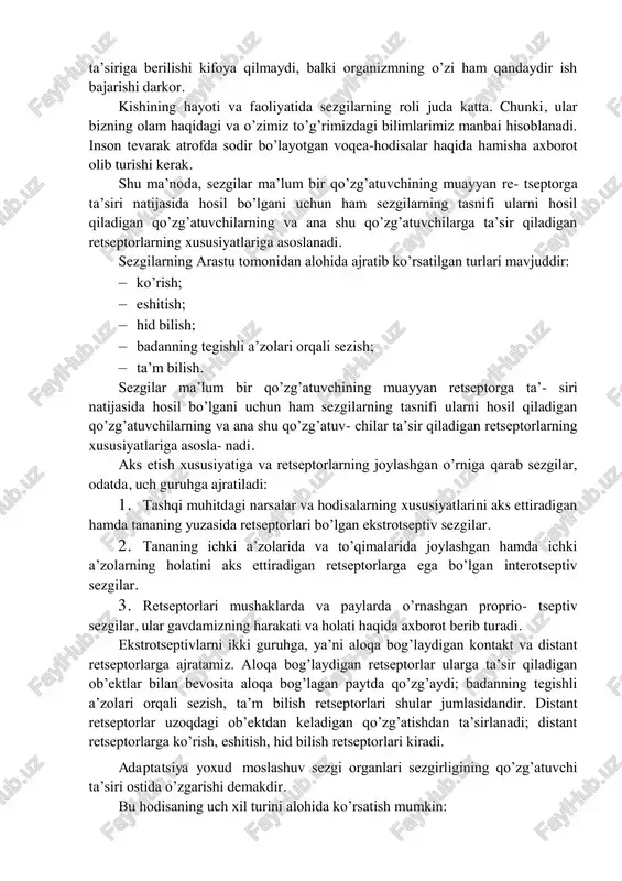 azar va turli vaziyatlarda tekshirish; – kuzatish davomida har bir elementga nisbatan «nega?», «nima uchun?» kabi savollar qo’yish, o’z fikr va xulosalari asosida taxmin qilish; – kuzatuv ob’ektlarini solishtirish, ularni bir-biriga qara- ma-qarshi qo’yish va ulardagi o’xshash hamda farq qiluvchi tomon- larni topish; – kuzatish natijalarini ushbu predmet haqida ma’lum bo’lgan ma’lumotlar bilan qiyoslash; – kuzatish natijalarini aniq ifodalash va tegishli shaklda qayd etish; – kuzatishga turli mutaxassislarni jalb etish, kuzatish natijalarini solishtirish va hamkasblari bilan muhokama qilish; kasbiy kuzatuvchanlikni rivojlantirishning muhim yo’nalishi omili tegishli psixologik qonuniyatlarga asoslangan kasbiy kuzatish texnikasini egallash sanaladi. sezgi va uning muxandis kadrlar faoliyatida tutgan o’rni. sezgi oddiy psixik jarayon bo’lib, u moddiy olamdagi narsa va hodisalarning ayrim xususiyatlari aksidan, shuningdek, moddiy qo’zg’atuvchilar tegishli retseptorlarga bevosita ta’sir etganda organizmda hosil bo’ladigan ichki holatlardan tarkib topadi. materiya bizning sezgi, irodalarimizga ta’sir etib, sezgi hosil qiladi. sezgi a’zolari axborotni qabul qilib oladi, saralaydi, jamlaydi va miyaga etkazib …