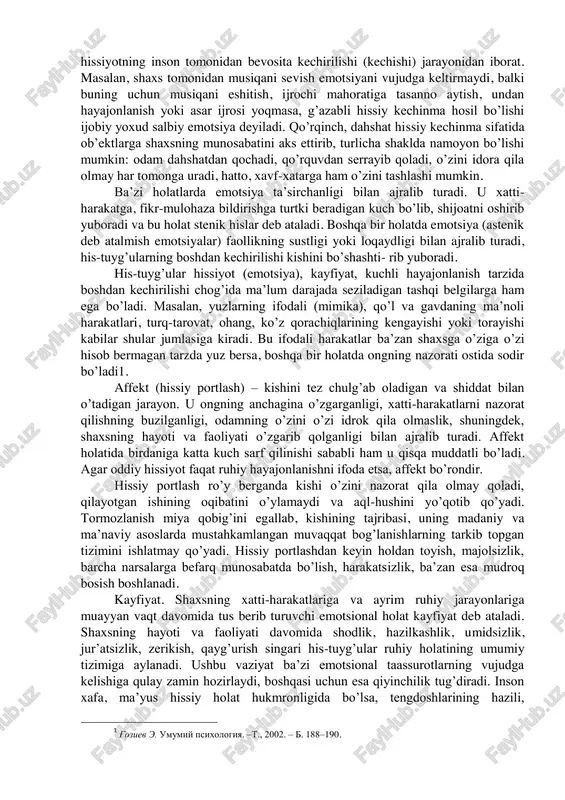 lingan qaror to‘g‘ridan to‘g‘ri, avtomatik ravishda amalga oshirilavermaydi. qabul qilingan qarorni amalga oshirish uchun ongli ravishda irodaviy zo‘r berish ham kerak. irodaviy zo‘r berish ongning avvalo nerv-muskul apparatining zo‘riqishida ifodalanadi va organizmning tashqi ko‘rinishlarida namoyon bo‘ladi. irodaviy zo‘r berishning ana shu ifodali tomoni odamning iroda holatini tasvirlovchi badiiy asarlarda gavdalantirilganini ko‘p uchratish mumkin. 10.2. kasb tanlashda hissiyotning o‘rni muhandis kadrlar kasbiy faoliyatlarida turli voqea-hodisalarga nisbatan muayyan munosabatlarini bildirib, u yoki bu tarzda hissiyotlarini namoyon etadilar. kadr psixologiyasida namoyon bo’ladigan bunday ruhiy holatlar voqealikda sodir etilgan hodisalar ta’siri natijasidir. bu esa, o’z navbatida, kadrning o’ziga xos individual psixologik xususiyatlarini bildiradi va u haqidagi birlamchi tasavvurlarni bilishga yordam beradi. jahon psixologiyasida «hissiyot» bilan «emotsiya» atamalari bir xil ma’noda ishlatiladi. lekin ularni aynan bir xil holat deb tushunish noto’g’ridir. odatda, tashqi alomatlari yaqqol namoyon bo’ladigan his-tuyg’ularni ichki kechinmalarda ifodalanishdan iborat psixik jarayon yuzaga kelishining aniq shaklini emotsiya deb atash maqsadga muvofiqdir. masalan, ranglarning …