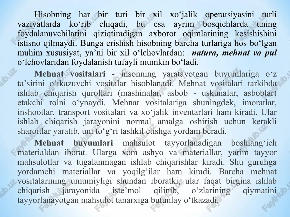 ni miqdor ko‘rsatkichlarda ifodalash; korxona, tashkilot va muassasalar xo‘jalik faoliyatida sodir bo‘ladigan jarayonlarni hujjatlarda aks ettirish; korxona, tashkilot va muassasalar xo‘jalik faoliyati ustidan uzluksiz nazorat olib borish va unga ta’sir etish; buxgalteriya hisobi hisobvaraqlarida aktivlarning holati va harakati, mulkiy huquqlar hamda majburiyatlarning holati to‘g‘risidagi to‘liq hamda aniq ma’lumotlarni shakllantirish; samarali boshqarish maqsadida buxgalteriya hisobi ma’lumotlarini umumlashtirish; moliyaviy, soliqqa doir va boshqa hisobotlarni tuzishdan iboratdir. bu vazifalarning bajarilishi korxonalarda sodir bo‘layotgan xo‘jalik jarayoni va operatsiyalarini o‘z vaktida, aniq va dastlabki hujjatlarga asoslangan holda buxgalteriya hisobida aks ettirish yo‘li bilan ta’minlanadi. axborot funktsiyasi. buxgalteriya hisobi turli xil iqtisodiy axborot iste’molchilari uchun asosiy axborot manbai hisoblanadi. ular asosida boshqaruv va investitsion qarorlar qabul qilinadi. buxgalteriya hisobi axborotining yakuniy natijasi korxonaning moliyaviy holatini ko‘rsatkichlarini yaxshilash hisoblanadi. nazorat funktsiyasi. turli mulkchilik shaklidagi korxonalar, korxonalar huquqining kengayishi buxgalteriya hisobining nazorat funktsiyasi kuchaytirish talab qilinadi. buxgalteriya xodimlari turli xildagi resurslardan foydalanishni doimiy nazorat qilishi lozim. nazorat – …
