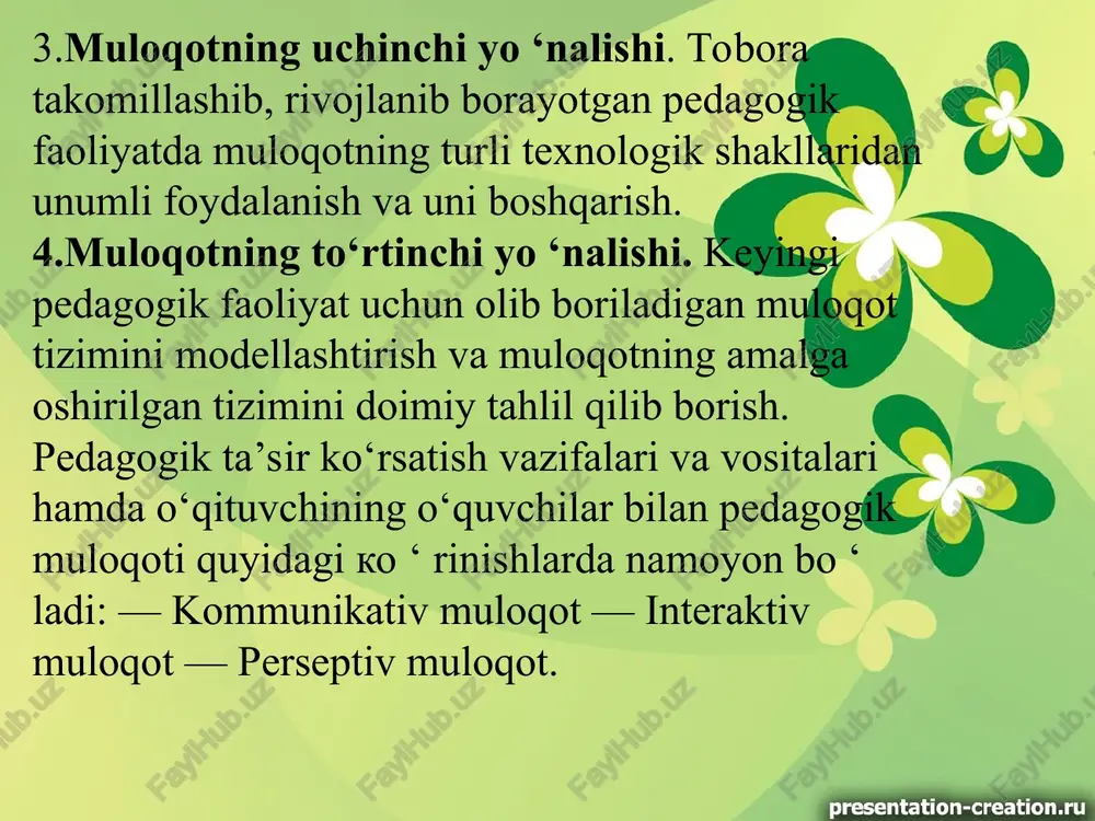 aqtida (darsda, darsdan tashqari mashg’ulotlar paytida, tarbiyaviy ishlar jarayonida) o‘z hissiyotini boshqara olishi, jiddiy bo‘lishi, umidbaxshlik, xayrxohlik kayfiyatda bo‘la olish qobiliyatlarga ega bo‘lishi zarur. nutq qobiliyati - kishining o’z tuyg’u - ’islarini nutq yordamida , s hu bilan birga mimika va pantomimika yordamida aniq va ravshan qilib ifodalab berish qobiliyatidir . bu o’qituvchidan o’quvchilarga uzatiladigan axborot asosan ikkinchi signal tizimi – nutq orqali beriladi . bunda mazmun , ji’atidan uning ichki va tashqi xusu siyatlari nazarda tutiladi . (« biz uchun adabiyot o’qituvchimiz – nazira opaning darsini eshitishdan katta lazzat yo’q . nazira opamlar shu qadar yaxshi va chiroylik qilib gapiradilarki , ‘atto tanaffusga chalinadigan qo’ng’iroq ‘am ‘alaqit beradi »). darsda qobiliyatli o’qituvchining nutqi ‘amma vaqt o’quvchilarga qaratilgan bo’ladi . o’qituvchi yangi materialni tushuntiradimi , o’quvchilar javobini shar’lab beradimi , o’quvchilar javobini , ularning ‘atti harakatlari yoki xulq atvorini ma o qullaydimi yoki tanbe’ beradimi , xullas nima qilishidan qat …