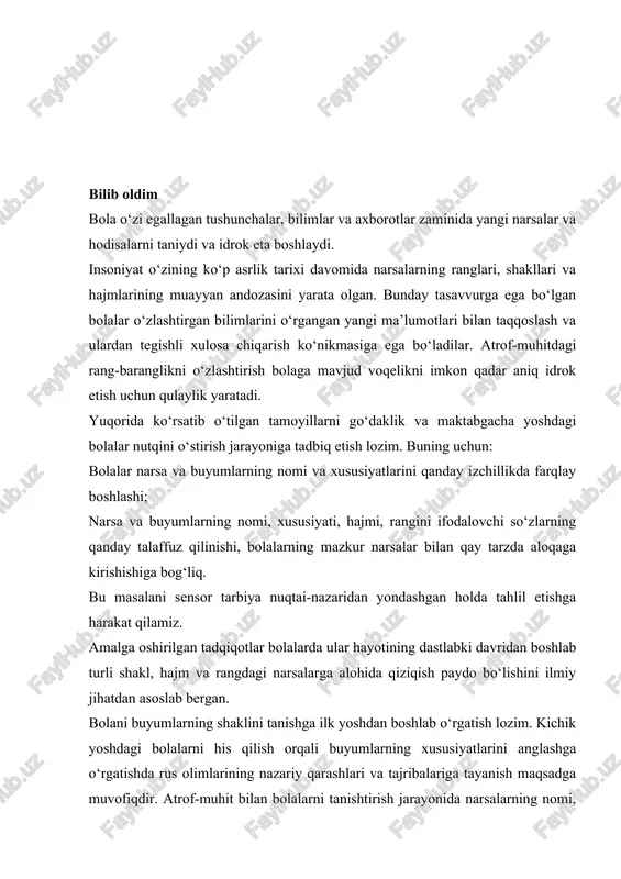 hida e’tibor qaratilgan. sensor tarbiya vositasida bolalar nutqini rivojlantirishning pedagogik-psixologik imkoniyatlari yanada koproq organmoqchiman. mustaqil respublikamiz uchun yosh avlodni har tomonlama yetuk inson qilib tarbiyalash muhim vazifalardan biri hisoblanadi. shuning uchun aynan shu fandan bilimlarimni kuchaytirmoqchiman. image1.png
