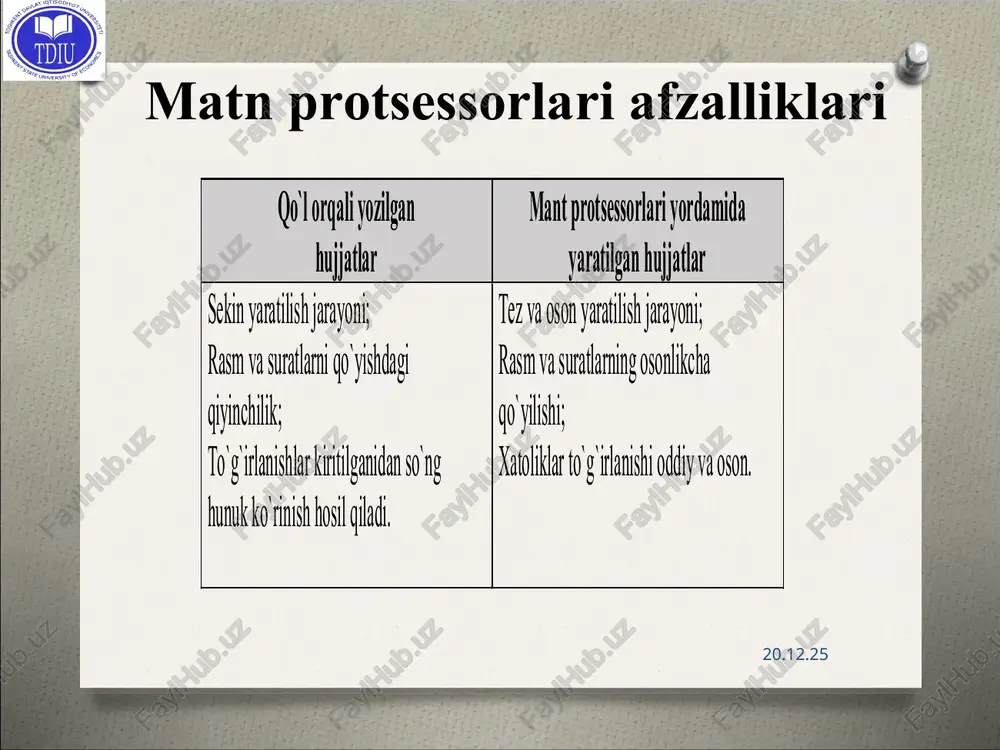 atlash jarayonlarini tezlashtirish uchun; bir nechta buyruqlarni birlashtirish uchun masalan, ma'lum kattalikdagi va chegaralardan hamda aniq sondagi satrlar va ustunlardan iborat jadval tuzishda; muloqot oynalari parametrlariga kirishni soddalashtirish uchun; masalalardagi ketma-ket kelgan murakkab xarakatlarni avtomatlashtirish uchun. sahifa titullari smartart tarkibi * retsenzirivat menyusi. yozuvlarni to’g’ri yozish, himoya qo’yish, tarjima qilish kabi vazifalarni bajaradi. * hujjatga himoya qo’yish. * ssilki menyusi ko’rinishi. * nazorat savollari microsoft word dasturi ishchi oynasi vazifalarini aytib bering. asosiy menyu qatoriga nimalar kiradi? microsoft word dasturida makroslar bilan ishlash qanday amalga oshiriladi? smart art, word art vazifalarini aytib bering. qanday matn muxarriri turlari mavjud aytib bering. giperbog`lanish qanday amalga oshirishni tushintirib bering. word adpda hujjatdagi so`zni qidirib, o`zgartirish vazifasi qanday amalga oshiriladi? hujjatni chop etish qanday amalga oshiriladi? * * * qo`l orqali yozilgan hujjatlar mant protsessorlari yordamida yaratilgan hujjatlar sekin yaratilish jarayoni; rasm va suratlarni qo`yishdagi qiyinchilik; to`g`irlanishlar kiritilganidan so`ng hunuk ko`rinish hosil qiladi. tez …