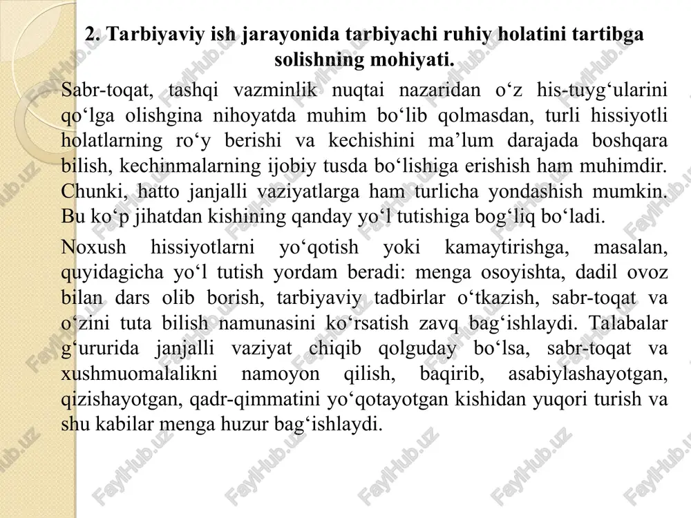 azorat qilish va o‘zini kuzatish; v) o‘qituvchining darsdan tashqari vaqtini nazorat qilish; g) ota-onalar va jamoatchilik bilan bajariladigan ishlarii nazorat qilish; d) o‘z ustida ishlashni nazorat qilish. o‘z-o‘zni nazorat qilish uchun savollar va vazifalar o‘qituvchi mehnatini ilmiy tashkil etish nima? o‘qituvchining kun tartibini ochib bering. mehnatni ilmiy tashkil etish tamoyillarini sanab o‘ting? foydalanilgan adabiyotlar: 1. o‘zbekiston repsublikasi, kadrlar tayyorlash milliy dasturi. - t.: - 1997. 2. azizxo‘jaeva n.n. «pedagogik texnologiya va pedagogik mahorat». tdpu-2003. 3. giddens entoni. «sotsialogiya». t., «sharq», 2002. 115-125 b. 4. ochilov m. «muallim qalb me’mori»: saylanma. - t., «o‘qituvchi», 2000 5. sultonova g. «pedagogik mahorat». o‘quv-metodik qo‘llanma. - t., 2005 6. hoshimov k, nishonova s. «pedagogika tarixi». - t., «o‘qituvchi», 1996