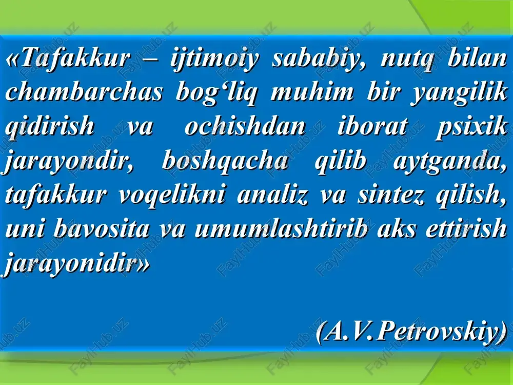 nosabatlariga qarab, hukm quyidagi turlarga bo‘linishi mumkin: hukmlar obyektiv voqelikni aks ettirilishiga qarab: chin yoki xato hukm; hukmlar sifatiga ko‘ra: tasdiqlovchi yoki inkor qiluvchi hukm; hukmlarning miqdoriga qarab: yakka, juz’iy, xususiy va umumiy hukmga; hukmlarning munosabatiga ko‘ra: shartli, ayruvchi, va qat’iy hukmlarga; hukm taxminiy ko‘rinishga ega bo‘lishi ham mumkin * tasdiqlovchi hukm - narsa bilan belgining aloqasi, bog‘liqligi borligi aks ettirilgan hukm. yakka hukm - yakka, yolg‘iz narsa va hodisa to‘g‘risidagi hukmga aytiladi. toshkent – o‘zbekiston respublikasi poytaxti. juz’iy hukm - belgining biror turkumigagina taalluqliligini tasdiqlovchi yoki inkor qiluvchi hukm. * umumiy hukm - bir turkumdagi narsa va hodisalarning hammasi to‘g‘risida tasdiqlab, yoki inkor qilib aytilgan hukm shartli hukm - hukmda narsa va hodisa belgisining borligini muayyan sharoitlarda tasdiqlab yoki inkor qilib aytilgan hukm ayruvchi hukm - hukmda narsalar va hodisalar bir necha belgiga nisbatan berilib, shu belgilardan farqi bitta unga tegishli bo‘lgan qat’iy hukm - narsa bilan belgi o‘rtasidagi …