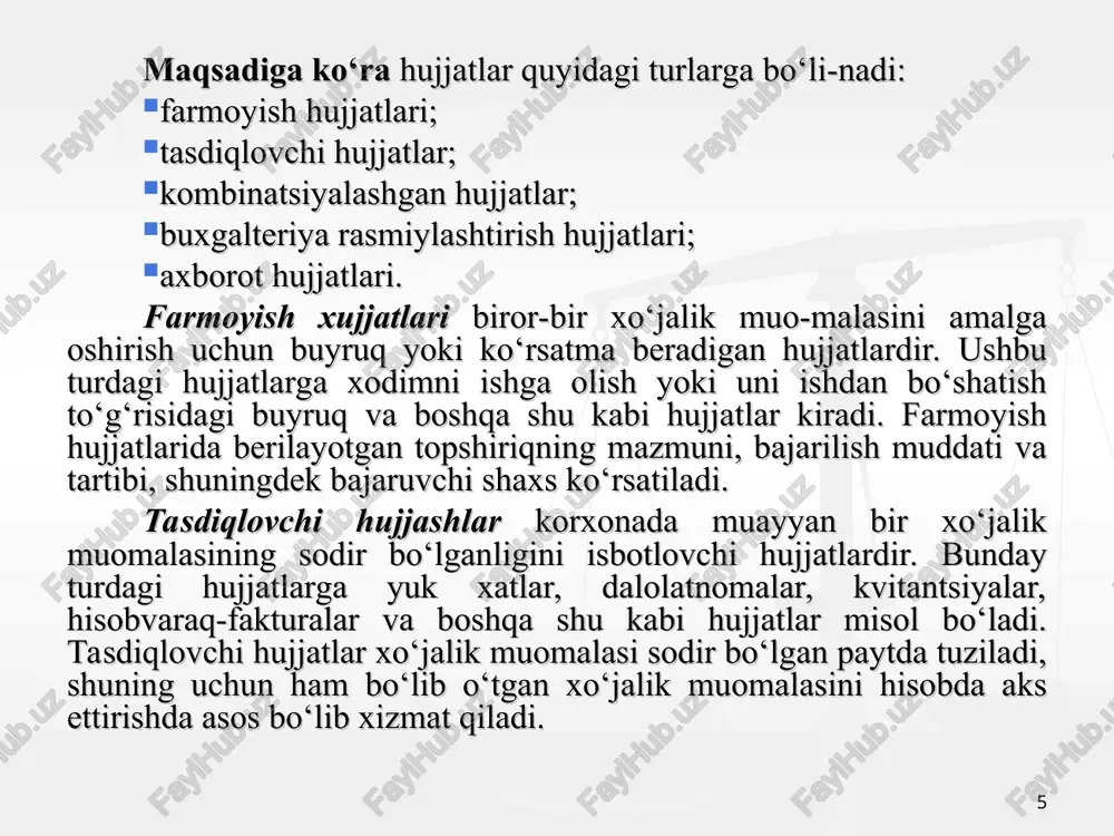 yozish uchun asos bo‘lgan hujjatlar “olindi” yoki “to‘landi” shtampi yoki qo‘l yozuvi bilan sana (oy, kun, yil) ko‘rsatilgan holda majburiy so‘ndirilishi lozim. hisobga qabul qilingan birlamchi hujjatlardagi buxgalteriya hisobida aks ettirish uchun zarur bo‘lgan axborot hisob registrlarida yig‘ib boriladi va tizimlashtiriladi. birlamchi hujjatdagi va hisob registrlaridagi matn va raqamlar ustidan chizishlarga va izoh berilmagan tuzatishlarga yo‘l qo‘yilmaydi. birlamchi hujjatlardagi (bank va kassa pul hujjatlaridan tashqari) xatolar quyidagicha tuzatiladi: a) xato matn yoki summalar chiziladi va chizilganning ustidan to‘g‘ri matn yoki summalar yoziladi; b) chizuv bitta chiziq bilan, tuzatilgan xatoni o‘qib bo‘ladigan qilib, amalga oshiriladi. * korxonaning buxgalteriya hisobida hujjatlarning harakati - (ularni tuzish yoki boshqa korxonalardan olish, hisobga qabul qilish, ishlov berish, arxivga topshirish - hujjatlar aylanuvi) moliya vazirining 2003 yil 23 dekabrdagi 131-son buyrug‘i bilan tasdiqlangan buxgalteriya hisobida hujjatlar va hujjatlar aylanuvi to‘g‘risidagi nizom asosidagi jadval bilan tartibga solinadi. korxona rahbari yoki u qonun hujjatlarida belgilangan tartibda tayinlagan shaxslar …