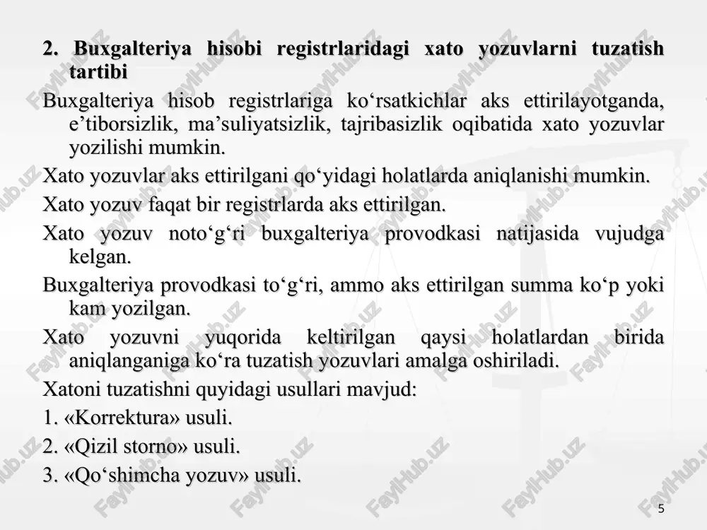 ar bo‘yicha yozuvlarni to‘g‘riligini tekshirish uchun mo‘ljallangan. * b o sh d a f t a r b o sh j u r n a l debet 5100-«hisob-kitob scheti» kredit sana memorial-orderlar № schetlar kreditidan debet bo'yicha jami sana memorial-orderlar № schetlar debetidan kredit bo'yicha jami sana memorial-orderlar № order bo'yicha oborot summasi schetlar nomi va raqami 0100-«asosiy vositalarni hisobga oluvchi schetlar» 0200-«asosiy vositalar eskirishini hisobga oluvchi schetlar» 0400-«nomoddiy aktivlarni hisobga oluvchi schetlar» va b. debet kredit debet kredit debet kredit debet kredit