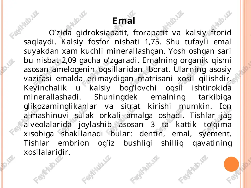 lik spiralni xosil qiladi. kollagenning xar bir peptid bog’i 120000 molekulyar og’irlikka ega bo’lib 1000tagacha aminokislota qoldig’idan tashkil topgan. kariyes paydo bo’lganda dentinning organik matriksida chuqur biokimyoviy o’zgarishlar ro’y beradi. dentindagi kollagenning bir qismi bakterial kollagenazaga rezistent bo’lib koladi. prolin va oksiprolin shuningdek arginin, gistidin, oksilizin miqdori pasayib, erkin aminoguruxlar soni kamayadi. biokimyoviy tarkib bo’yicha emal va dentinning oqsillari o’xshash. emalda 1,3% oqsil bor. dentinda esa 1,2%. dentin emalchalik mustaxkam emas. uning tarkibidagi eng muxim elementlar ca, po, co, mg,f ionlari xisoblanadi. mg dentinda emaldagidan 3 baravar ko’p uchraydi. dentinning ichki qavatlarida na, va cl konsentratsiyalari ortib boradi. dentin umumiy massasining 20% ini oqsili matriks xosil qiladi. u kollagendan tuzilgan bulib, tarkibida dentin organik moddalarining 35%ini saqlaydi. bu xususiyat o’zida glikozaminglikanlar, galaktoza, geksaminlar, gialuron kislota saqlovchi to’qimalar uchun xarakterlidir. dentin remineralizatsiyani boshqaradigan regulyator oksillarga boy. bunday spesefik oqsilariga amelogeninlar, enamelinlar, fosfoproteidlar kiradi. emaldagi singari dentinda xam mineral komponentlar sekinlik bilan …