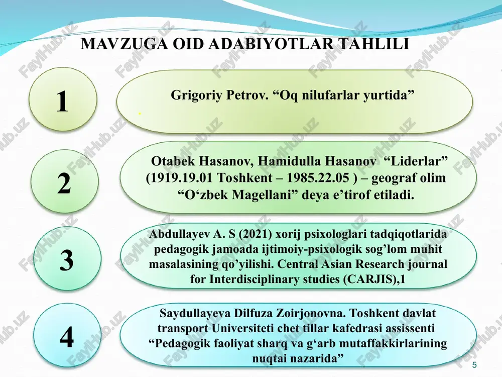 ixologik salomatlik mashqlari o‘tkazib borilishi xodimlarning o‘zini o‘zi ijobiy baholashi, ishchanlik kayfiyatining oshishi kabi ijobiy natijalarga sabab bo‘ladi xulosa * taklif * maktab rahbarlarining kasbiy mahoratini oshirish, mehnat jamoasini boshqarish va psixologik muhit holatini normallashtirish bo‘yicha adabiyotlarni muntazam o‘rganib borish hamda o‘quv mashg‘ulotlarida ishtirok etish maktabda yosh stajyor o‘qituvchilarni muhitga moslashtirish, adolatlilik prinsipiga amal qilish, nepotizm va kronizm kabi salbiy odatlarga chek qo‘yish maktab boshlang‘ich kasaba uyushma raisi, xotin –qizlar qo‘mitasi raisi va maktab psixologi bilan hamkorlikda turli ijtimoiy-madaniy va psixologik dasturlar ishlab chiqish pedagog-xodimlarning malakasini oshirib borish, kasbiy bilim ko‘nikmalarini shakllantirib borish maqsadida xodimlarning uzviy faoliyatini rejalashtirish imkoniyatlarini ta’minlovchi kadrlarni rivojlantirish dasturlarini ishlab chiqish chora-tadbirlar rejasi * № muammo amalga oshirish mexanizmi mas’ullar muddati natija 1 rahbarlarning kasbiy mahoratini oshirish, mehnat jamoasini boshqarish va psixologik muhit holatini normallashtirish bo‘yicha adabiyotlarni muntazam o‘rganib borish hamda o‘quv mashg‘ulotlarida ishtirok etish maktabda har bir rahbar xodim va psixologlarning ijtimoiy, ma’naviy va kasbiy …