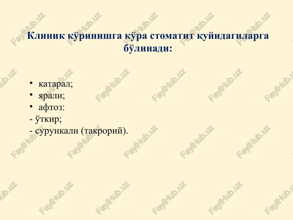 an, yomon protezlarni, tish toshlarini shikastlaydilar. kasallikning boshlanishiga ko'pincha lablarni, bo'yinning ichki yuzasining shilliq qavatini tishlash, chekish va hokazolarning yomon odatlari sabab bo'ladi. travmatik stomatit travmatik stomatitning klinik ko'rinishi: shikastlanish yoki kimyoviy moddalar bilan aloqa qilish joyida shilliq qavatning shishishi va qizarishi bilan birga kataral yallig'lanish paydo bo'ladi. bemor shifokor bilan maslahatlashmasa, eroziya hosil bo'lib, keyinchalik chuqur yaraga aylanadi. hatto zaif travmatik omilga ham uzoq vaqt ta'sir qilish, masalan, karies uchragan tish, yuqori jag'da yomon mahkamlangan olinadigan plastinka protezi ba'zan shilliq qavatning ba'zi joylarining gipertrofiyasiga va unda papillomatoz o'simtalarning paydo bo'lishiga olib keladi. chekuvchilar ko'pincha leykoplakiyani rivojlantiradilar. shu bilan birga, yonoqlarda, tanglayda yoki tilda keratinizatsiya o'choqlari hosil bo'ladi, ularga qarshi bir muncha vaqt o'tgach yoriqlar yoki eroziya paydo bo'ladi. travmatik stomatitni davolash: travmatik stomatitni davolash taktikasini tanlash asosan yallig'lanishni keltirib chiqargan shikastlanishning tabiatiga bog'liq. leykoplakiya - bu og'iz shilliq qavatining surunkali kasalligi bo'lib, shilliq qavat epiteliyasining qalinlashishi, keratinizatsiya va piling …