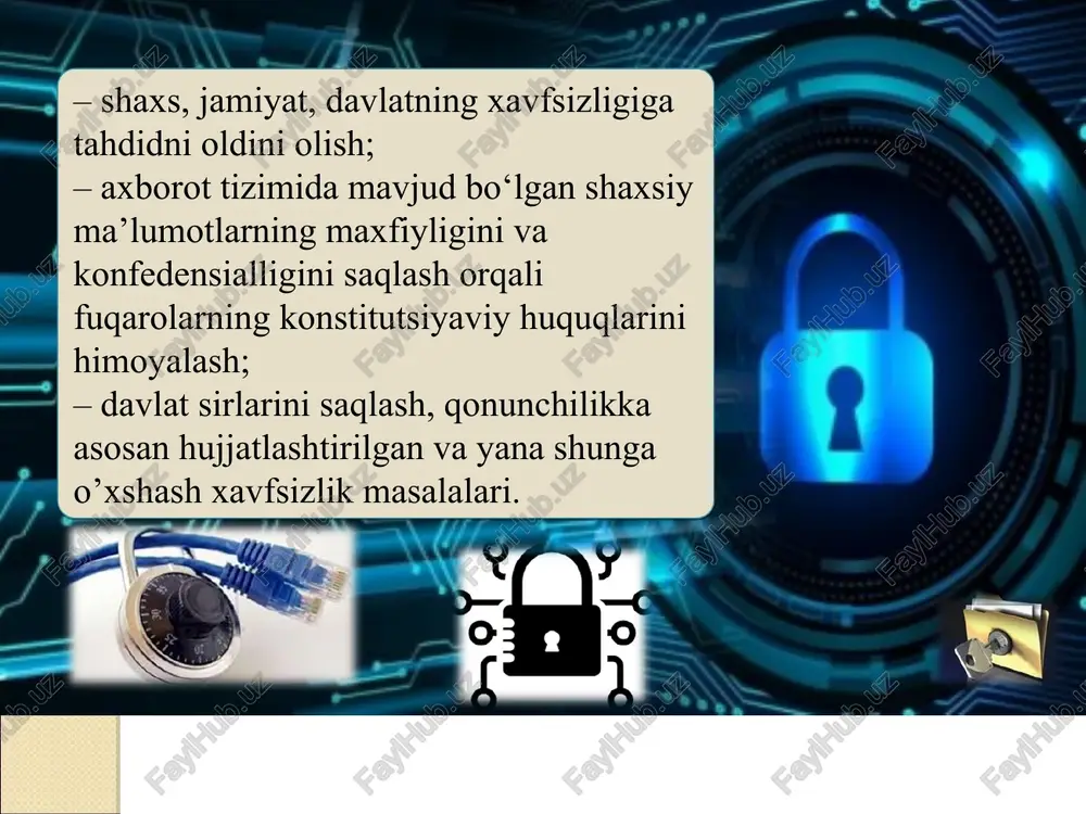 ishi kerakki, shifrni ochish kalitlarini to‘liq tanlab olish masalasini yechish yo‘li bilan amalga oshirilishi kerak; kriptochidamlilik shifrlash algoritmining maxfiyligi bilan emas, balki kalitning maxfiyligi bilan ta’minlanadi. shifrmatn o‘zi xajmi bo‘yicha boshlang‘ich axborotdan ko‘payib ketmasligi kerak; 1-rasm: shifrlash kriptotizimining umumlashtirilgan sxemasi kriptotizimlarning ikkita sinfi farqlanadi: - simmetrik kriptotizim (bir kalitli); - asimmetrik (nosimmetrik) kriptotizim (ikkita kalitli). axborotni teskari o'zgartirish quyidagi ko'rinishga ega: m' = dk2(c) d funktsiyasi e funktsiyaga nisbatan teskari funktsiya bo'lib, shifr matnni rasshifrovka qiladi. bu funktsiya ham k2 kalit urinishidagi qo'shimcha parametrga ega. k1 va k2 kalitlar bir ma'noli moslikka ega bo'lishlari shart. bu holda rasshifrovka qilingan m' axborot m ga ekvivalent bo'ladi. k2 kaliti ishonchli bo'lmasa d funktsiya yordamida m' = m dastlabki matnni olib bo'lmaydi. kriptotizimlarning ikkita sinfi farqlanadi: - simmetrik kriptotizim (bir kalitli); - asimmetrik kriptotizim (ikkita kalitli). shifrlashning simmetrik kriptotizimida shifrlash va rasshifrovka qilish uchun bitta kalitning o'zi ishlatiladi. demak, shifrlash kalitidan foydalanish xuquqiga …