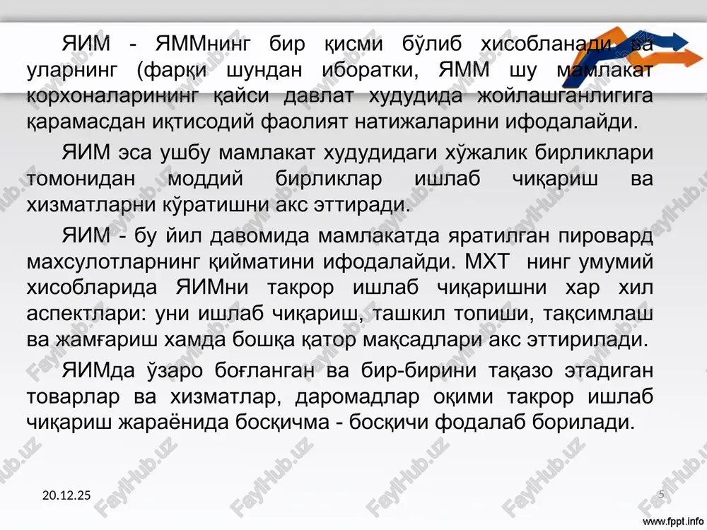 y daromad = yalpi ichki maxsulot + birlamchi daromad qoldig'i; sof milliy daromad = yalpi milliy daromad – asosiy kapitalning iste'moli; sof milliy daromad = sof ichki maxsulot + birlamchi daromad qoldig'i; * * yalpi ichki mahsulotni hisoblash usullari * * ishlab chiqarish usuli. yaim ko'rsatkichi ishlab chiqarish usuli bilan xisoblanganda, uning xajmi mamlakat iqtisodiy xududidagi barcha rezidentlar tomonidan yaratilgan yalpi qo'shilgan qiymat (yaqq)lar yig'indisiga teng bo'ladi: yaim=yaqq yalpi ichki maxsulot ko'rsatkichini ishlab chiqarish usuli bilan xisoblash uchun, dastlab yalpi ishlab chiqarish ko'rsatkichi aniqlanishi lozim. * * mxt uslubiyatiga asosan xisobot davrida mamlakat iqtisodiy xududidagi rezidentlar ishlab chiqargan barcha maxsulotlar va ko'rsatilgan xizmatlarning joriy baxolardagi qiymati yig'indisiga - yalpi ishlab chiqarish deb ataladi. mxtning uchinchi xalqaro standartiga asosan yalpi ishlab chiqarish quyidagi elementlardan tashkil topadi: qaerda foydalanishidan qat'i nazar ishlab chiqarilgan barcha maxsulotlar (boshqa rezidentlarga jo'natilgan maxsulotlar xamda o'z iste'moli yoki jamg'arish uchun ishlab chiqarilgan maxsulotlar); boshqa rezidentlarga ko'rsatilgan bozor …
