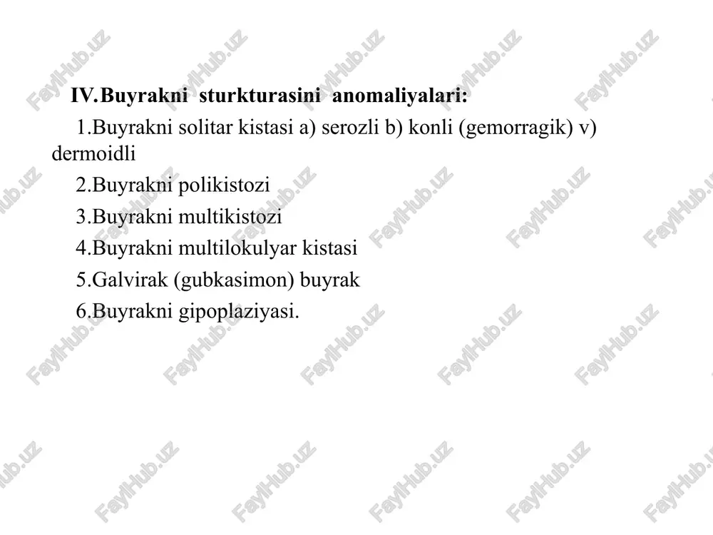 ta ahamiyatga ega. bu hol homiladorlik-ning boshlanish davrida ruhiy shikastlanishlar sababli anikush-nadi buyraklarni sonini anomaliyasi buyraklar anomaliyalari buyraklarni uzaro munosabatini anomaliyalari buyraklarni sonini anomaliyasi buyraklarni strukturasini anomaliyalari siydik nayini (ureterani) anomaliyalari