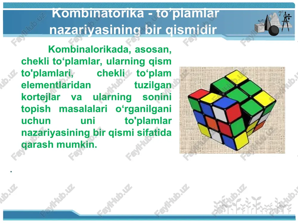 mentom; poryadok elementov zdes ne sushestvenen chitaem: chislo sochetaniy elementov iz n po m. naydite: chislo sochetaniy iz 6 po 3: chislo sochetaniy iz 4 po 4: obrazets resheniya iz 20 uchashixsya nado vibrat dvux dejurnix. skolkimi sposobami eto mojno sdelat? reshenie: nado vibrat dvux chelovek iz 20. yasno, chto ot poryadka vibora nichego ne zavisit, to est ivanov - petrov ili petrov - ivanov - eto odna i ta je para dejurnix. sledovatelno, eto budut sochetaniya iz 20 po 2. reshite zadachi: 1. skolkimi sposobami iz vosmi chelovek mojno izbrat komissiyu, sostoyashuyu iz pyati chlenov? 2. podryadchiku nujni 4 plotnika, a k nemu s predlojeniem svoix uslug obratilis 10. skolkimi sposobami on mojet vibrat sredi nix chetverix? 3. skolkimi sposobami mojno otobrat neskolko fruktov iz semi yablok, chetirex limonov i devyati apelsinov? (frukti odnogo vida schitaem nerazlichimimi.)