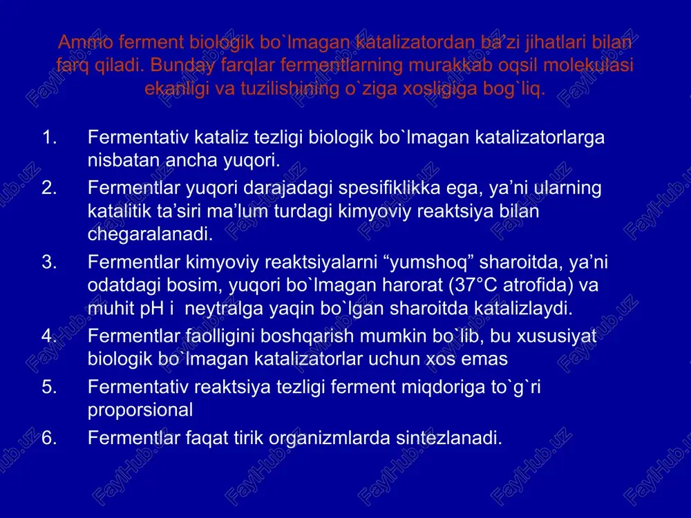 figuratsiyasi va uning faol markazi substratlar yoki boshqa ligandlar birikishi jarayonida o`zgaradi. faol markaz –substratni yopishtiruvchi emas, balki substrat unga birikish vaqtida mos keluvchi shaklni qabul qilishga majburlaydi (shuning uchun ham “majburiy moslik” deb nomlanadi). “majburiy moslik” farazi bir qator fermentlarning substratga birikishidan keyin faol markazning funktsional guruhlarining joylashishini o`zgarishi qayd etilgandan so`ng tajribada o`z tasdig`ini topdi. koshlend gipotezasini namoyish etuvchi sxema. substrat ferment bilan bog`lanib, uni o`zgartiradi, natijada fermentning faol guruhlari yaqinlashadi. hajmi yirikroq yoki kichikroq bo`lgan molekulalar ferment bilan o`zaro ta’sirlasha olmaydilar. isxodnie veshestva produkti veshestva atf adf+f energiya xod reaktsii adenozintrifosfornaya kislota adenozindifosfornaya kislota ostatok fosfornoy kisloti n2o substratlar orasida bog`lar hosil bo`lishi uchun ular bir-biri bilan yaqin joylashgan bo`lishi kerak. bunda qulf va kalit mexanizmi bo`yicha boradi, lekin bir fermentga ikkita substrat to`gri keladi. fermentlar ta’sirining o`ziga xosligi. 1. stereokimyoviy substrat spetsifiklik. 2. mutlaq spetsifiklik. 3. mutlaq guruhli spetsifiklik 4. nisbiy guruhli spetsifiklik 5. nisbiy substratli …